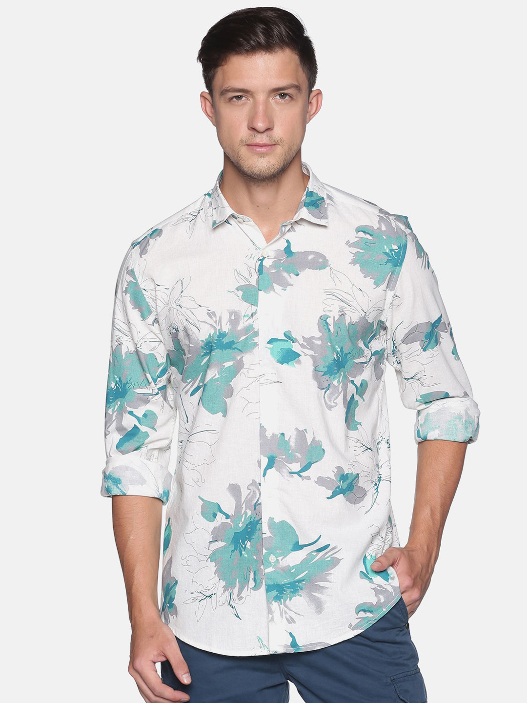 

Bene Kleed Men Cream-Coloured Slim Fit Floral Printed Casual Shirt