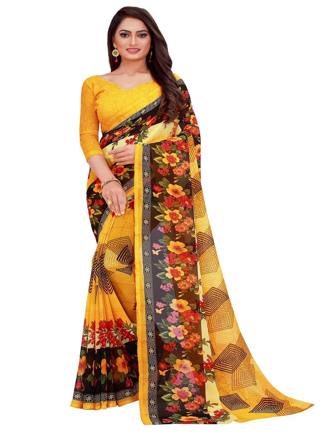 

KALINI Yellow & Black Poly Georgette Floral Saree