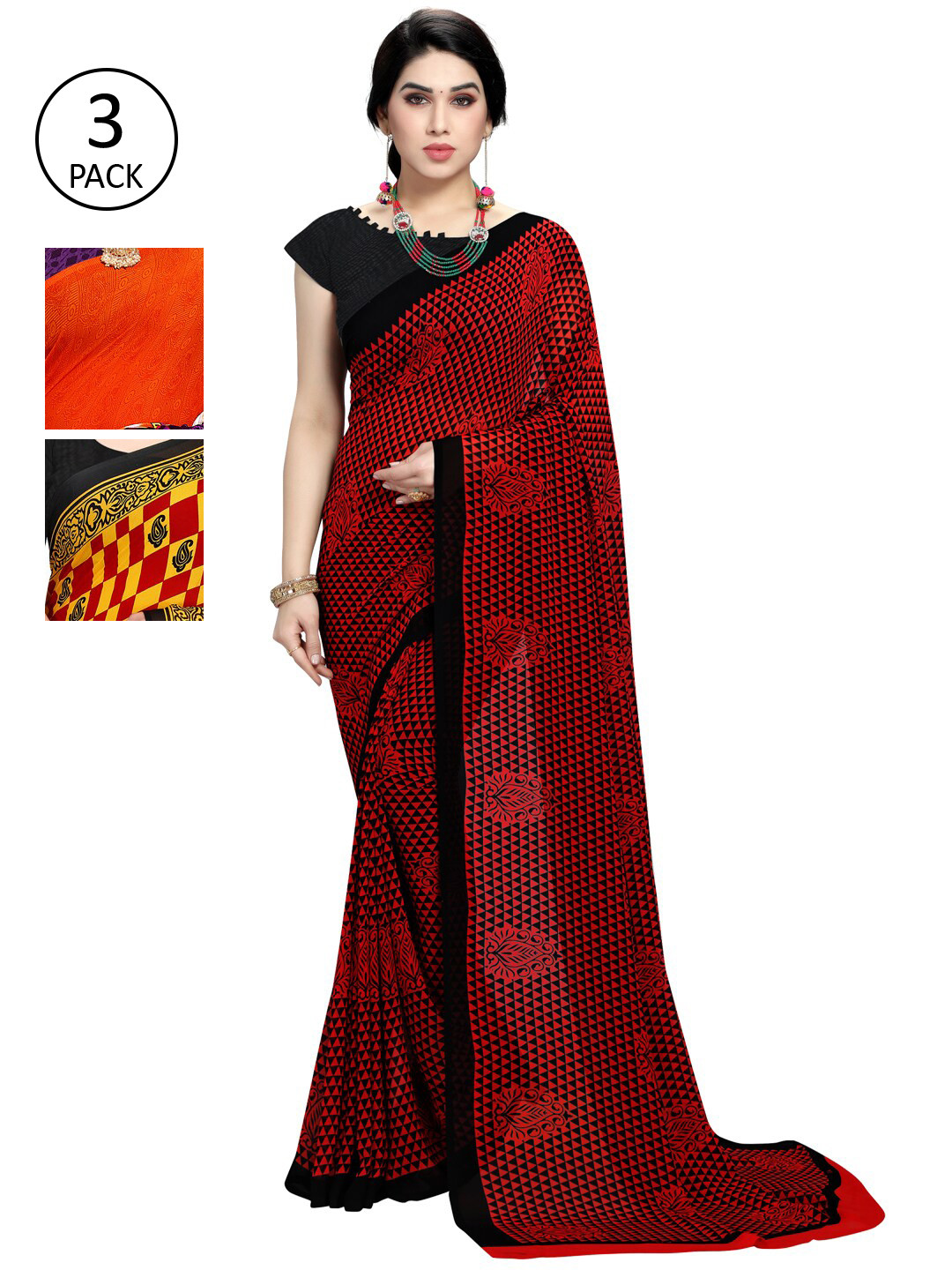 

KALINI Pack of 3 Printed Poly Georgette Sarees, Multi