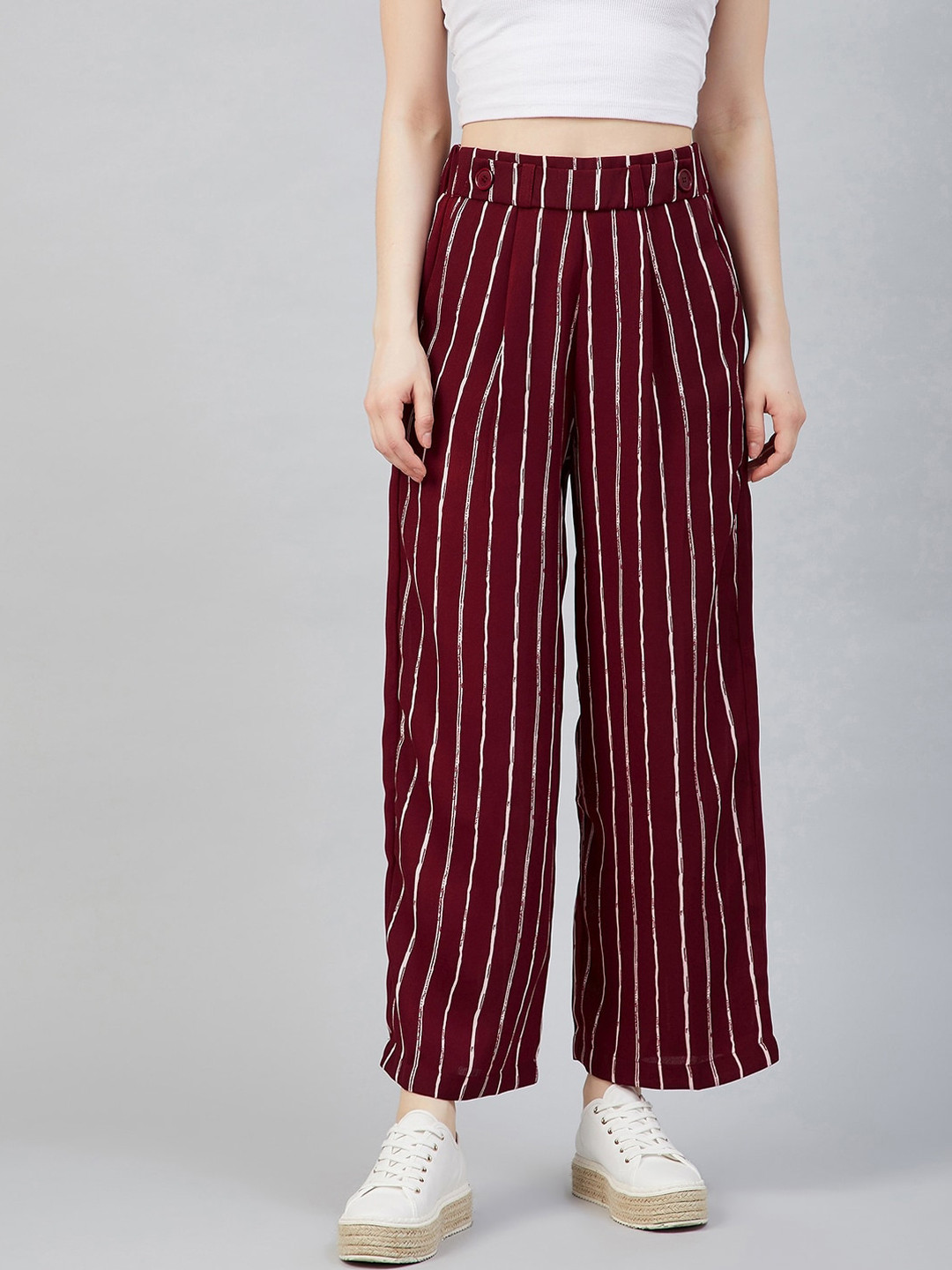 

RARE Women Maroon Striped High-Rise Pleated Parallel Trousers