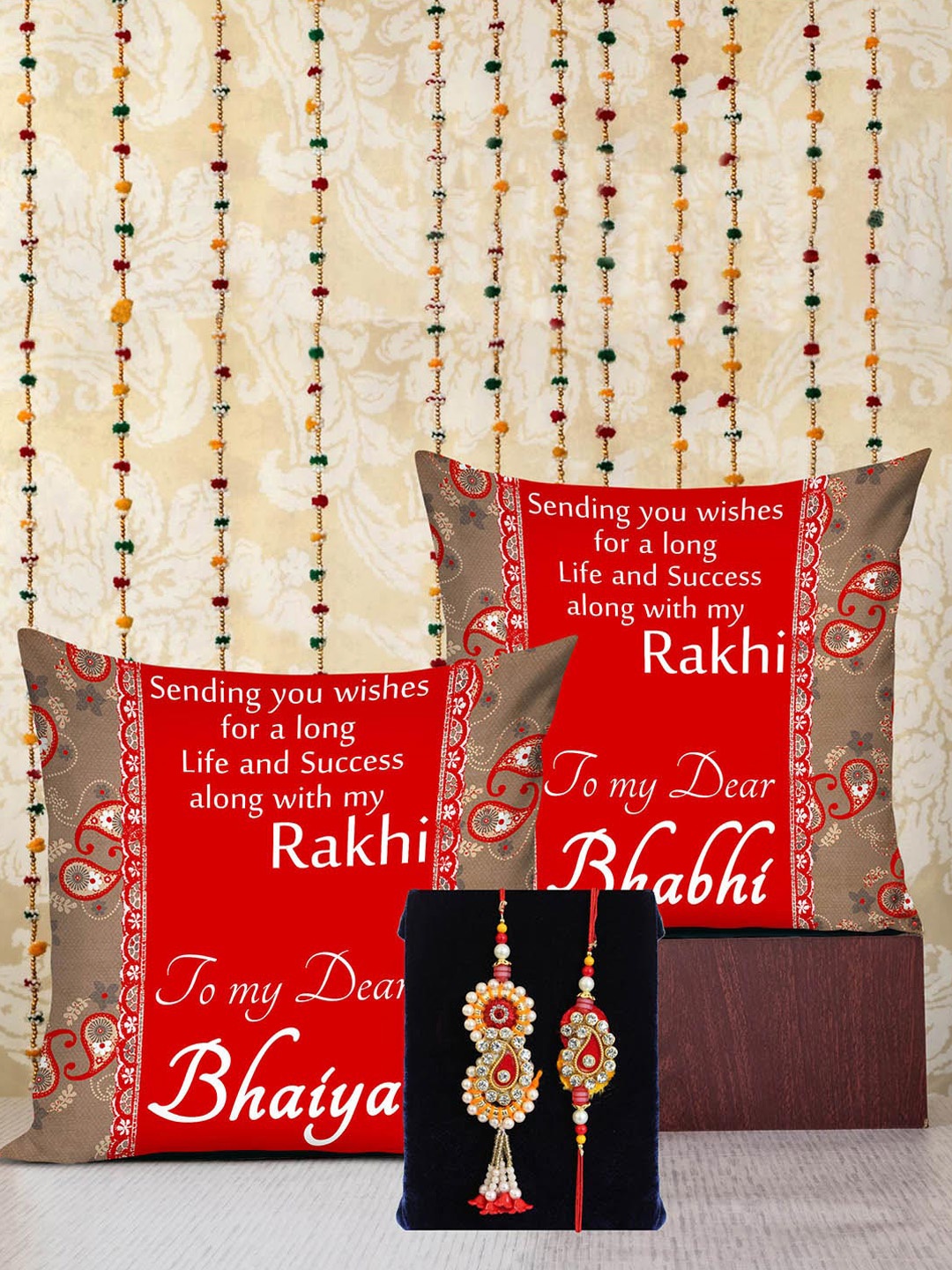 

TIED RIBBONS Set Of 3 Bhaiya Bhabhi Rakhi with Printed Cushion Combo Gift Set, Red