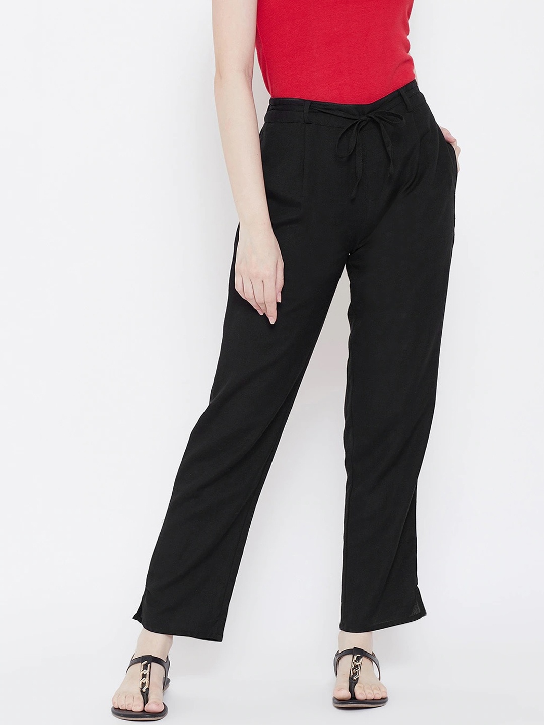 

Be Indi Women Black Solid Straight Fit Tie Up Trouser