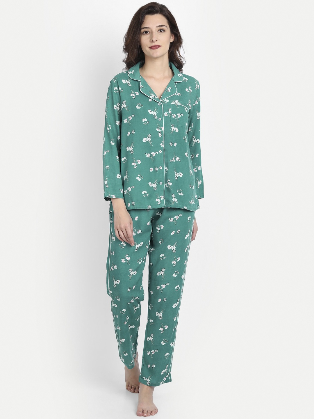 IX IMPRESSION Women Sea Green & White Printed Night suit