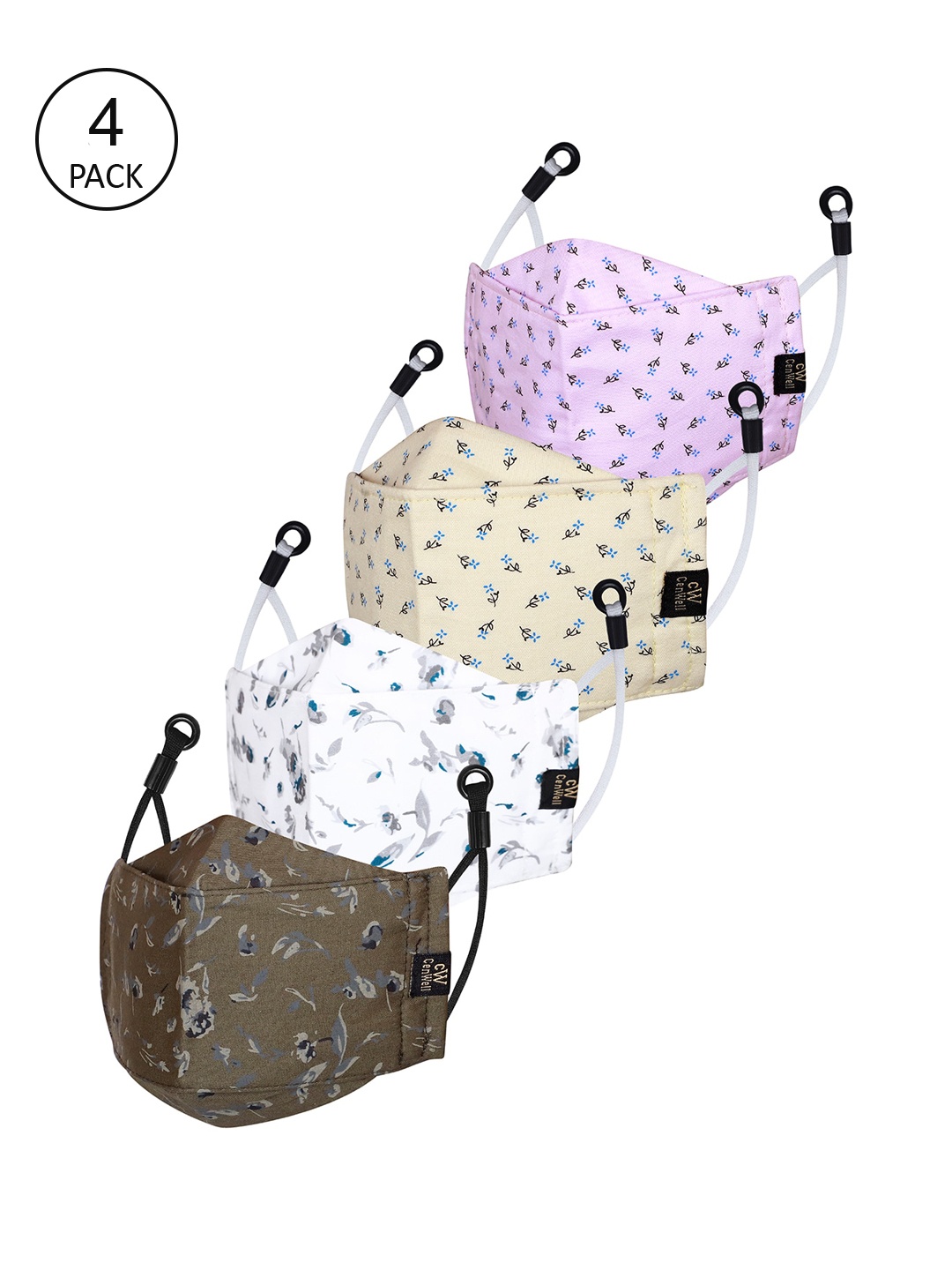 

CENWELL Unisex Pack Of 4 Pink Printed 6-Ply Reusable Pure Cotton 3D Cloth Masks