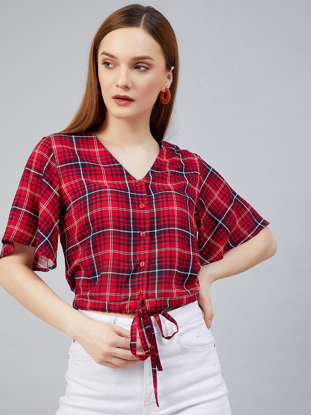 

Marie Claire Red Checked Flared Sleeve Regular Crop Top