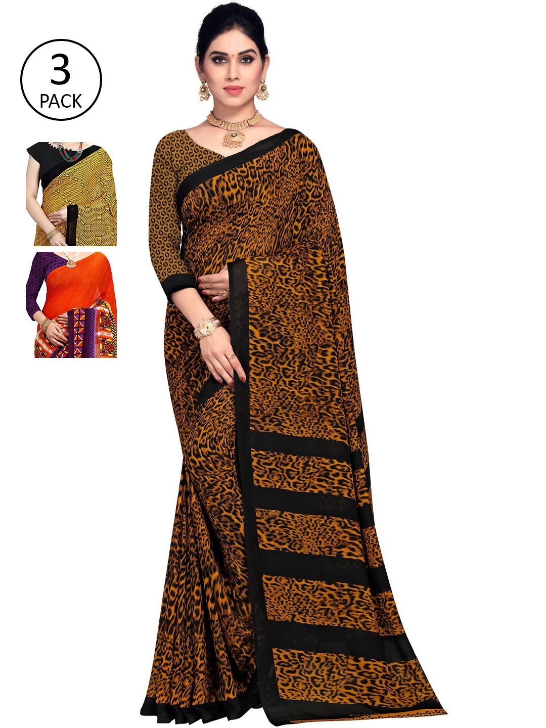 

KALINI Pack of 3 Orange & Yellow Saree