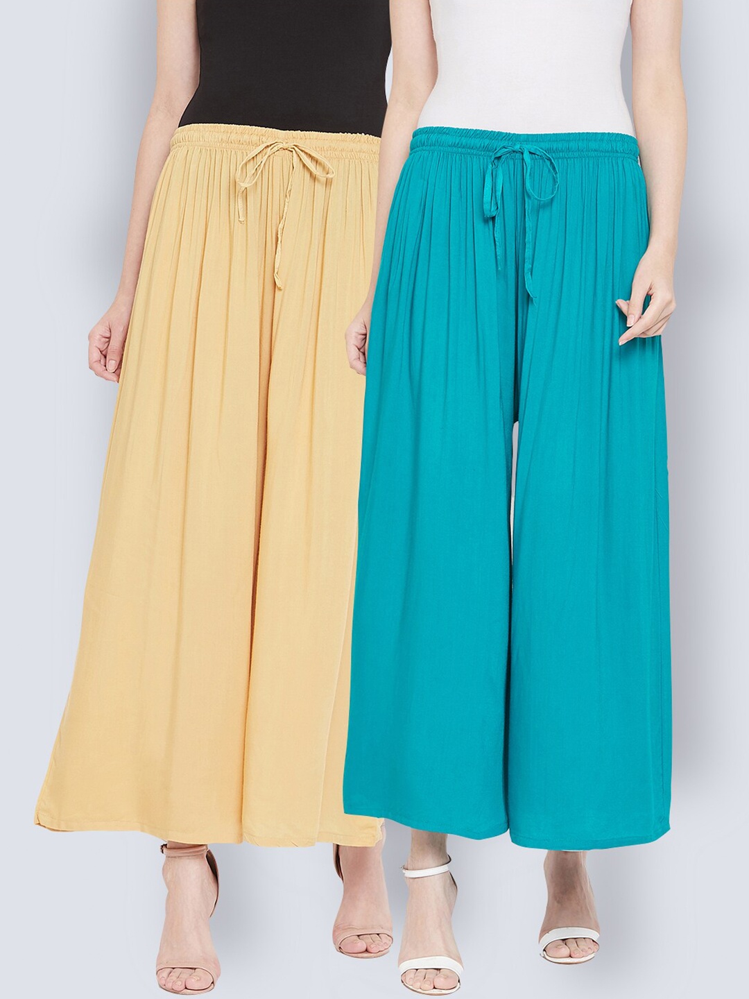 

Castle Women Pack of 2 Solid Turquoise Blue & Beige Flared Palazzos