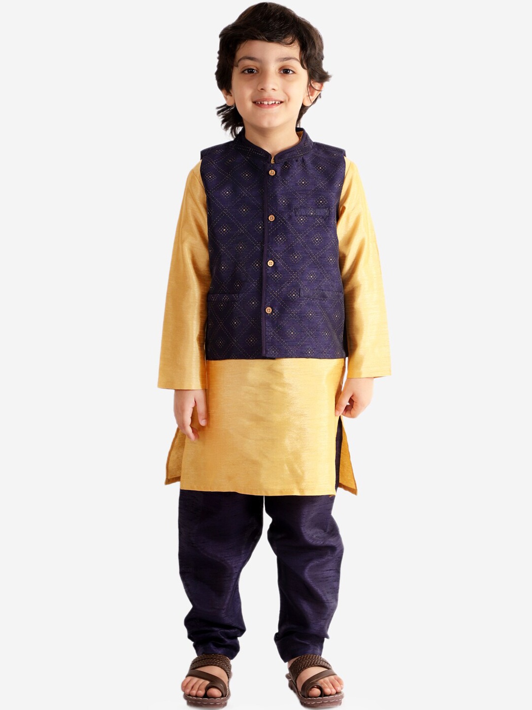 

KID1 Boys Navy Blue & Gold Kurta with Pyjamas With Sequins Nehru Jacket