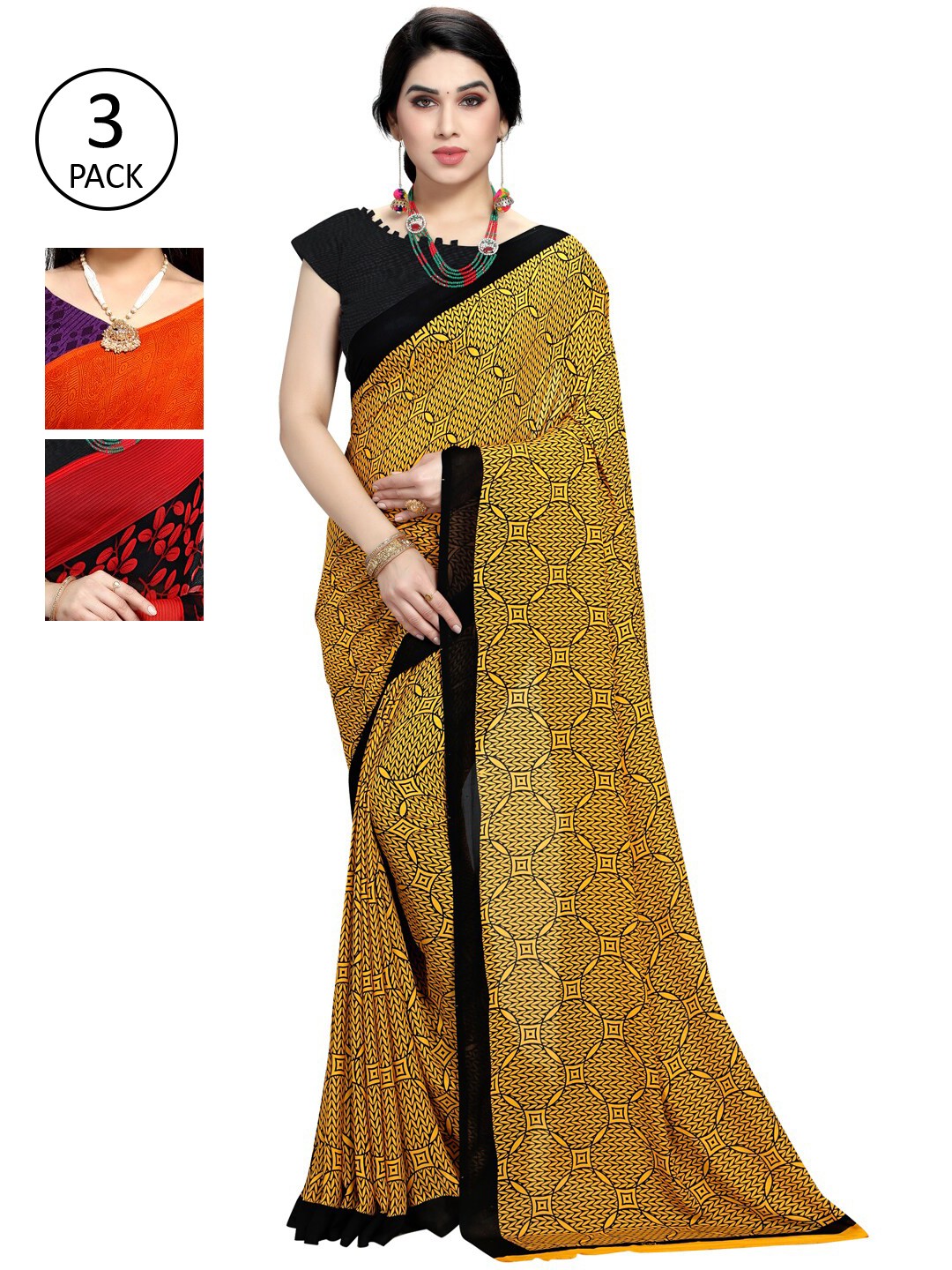 

KALINI Pack of 3 Yellow & Orange Poly Georgette Saree