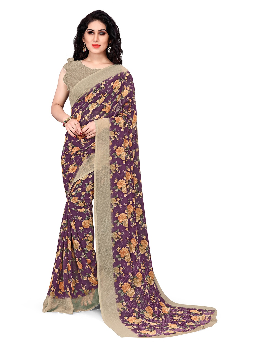 

KALINI Women Violet & Beige Floral Print Bagh Poly Georgette Saree