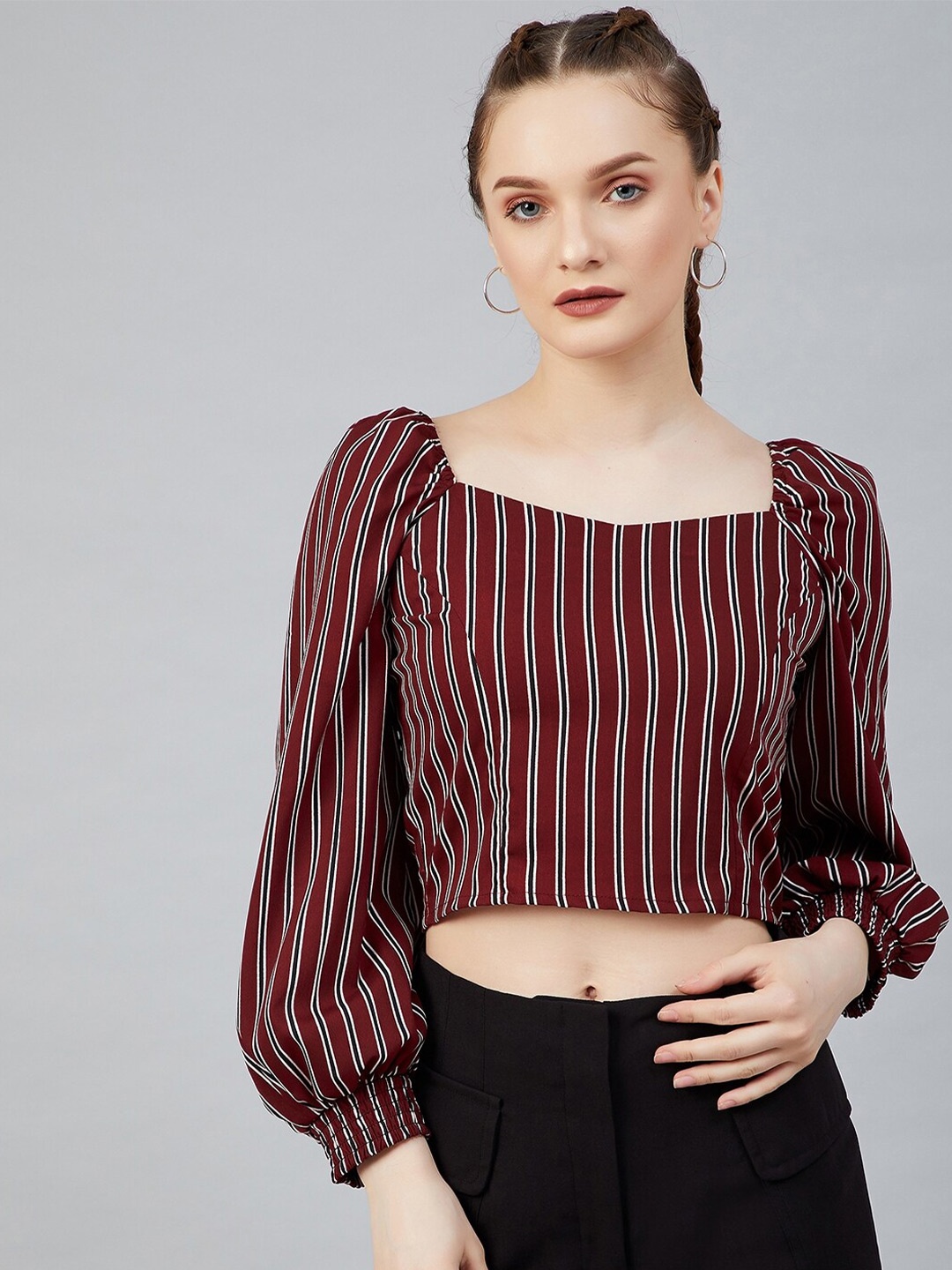 

RARE Maroon Striped Puff Sleeve Crepe Regular Crop Top