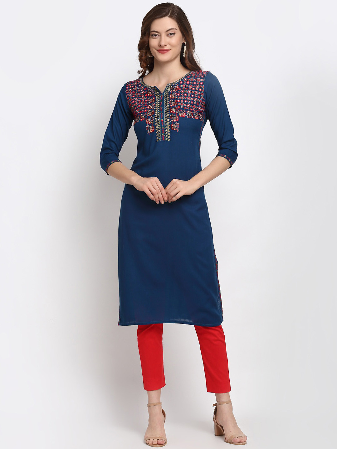 

Lovely Lady Women Blue & Red Floral Yoke Design Kurta