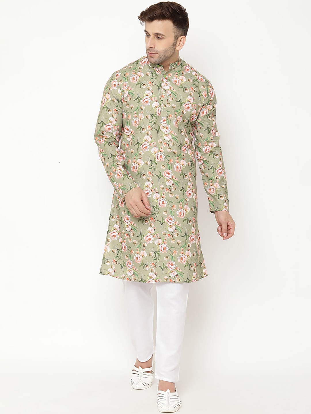 

Hangup Men Green Floral Printed Kurta with Pyjamas