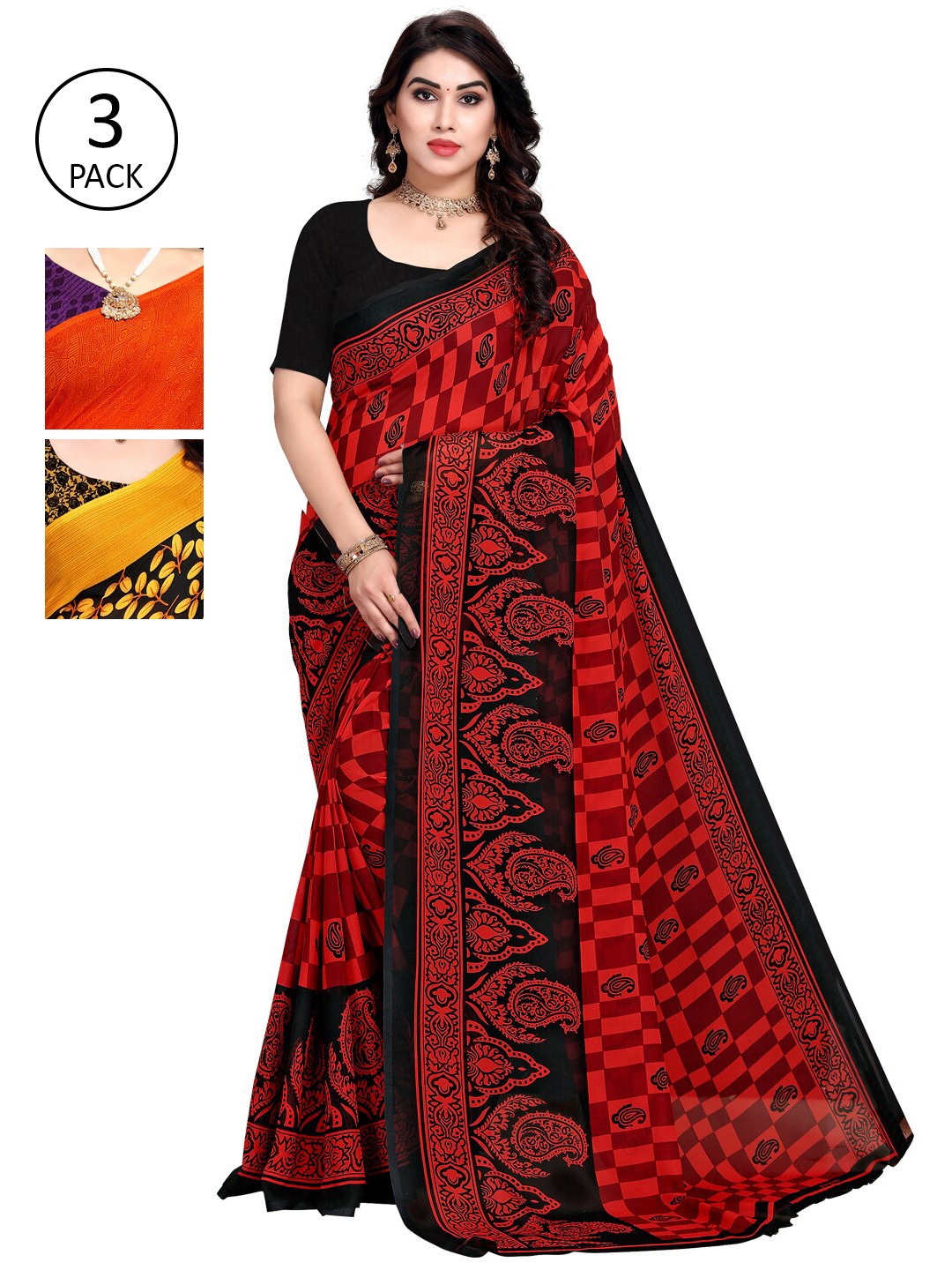 

KALINI Pack of 3 Black & Red Poly Georgette Floral Saree