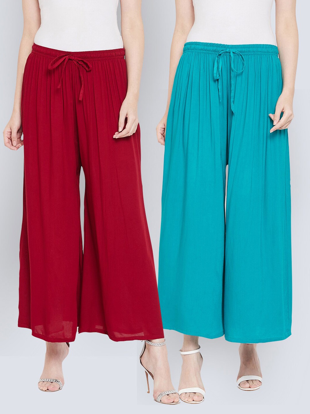 

Castle Women Pack Of 2 Turquoise Blue & Maroon Flared Palazzos