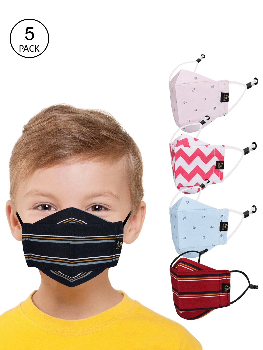 CENWELL Kids Pack Of 5 Blue Printed 6-Ply Reusable Pure Cotton 3D Cloth Masks