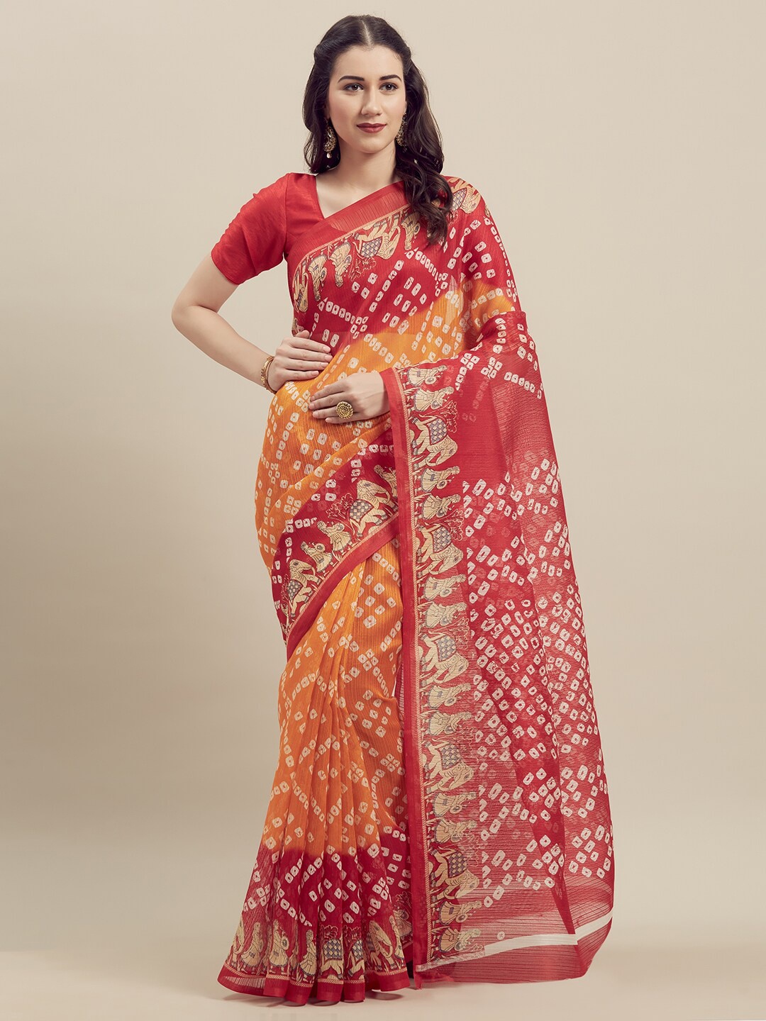 

KALINI Women Maroon & Yellow Bandhani Print Bhagalpuri Saree