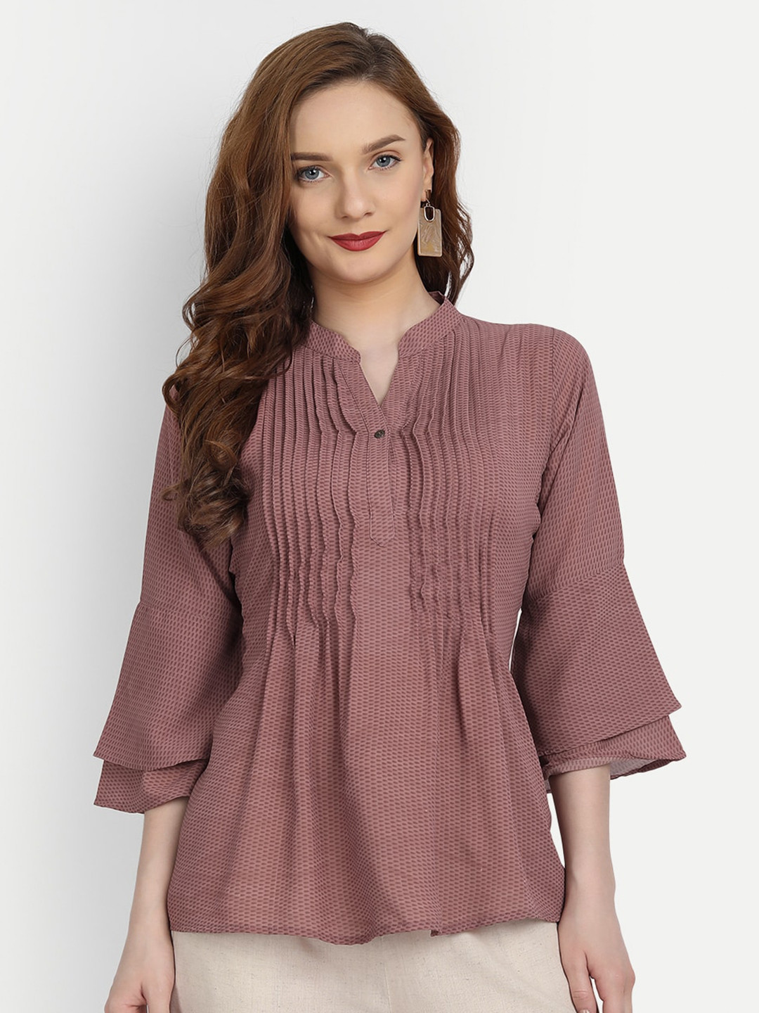 

HK colours of fashion Multicoloured Mandarin Collar Bell Sleeve Chiffon A-Line Top, Multi