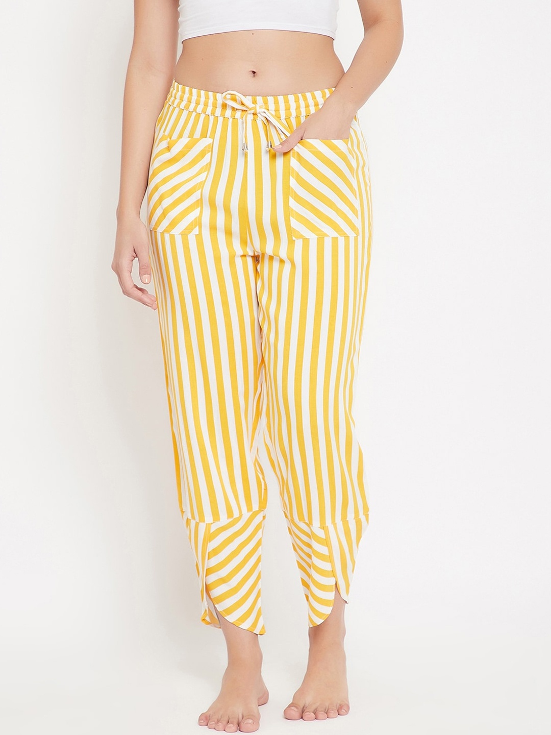 Hypernation Women Yellow & White Striped Lounge Pants