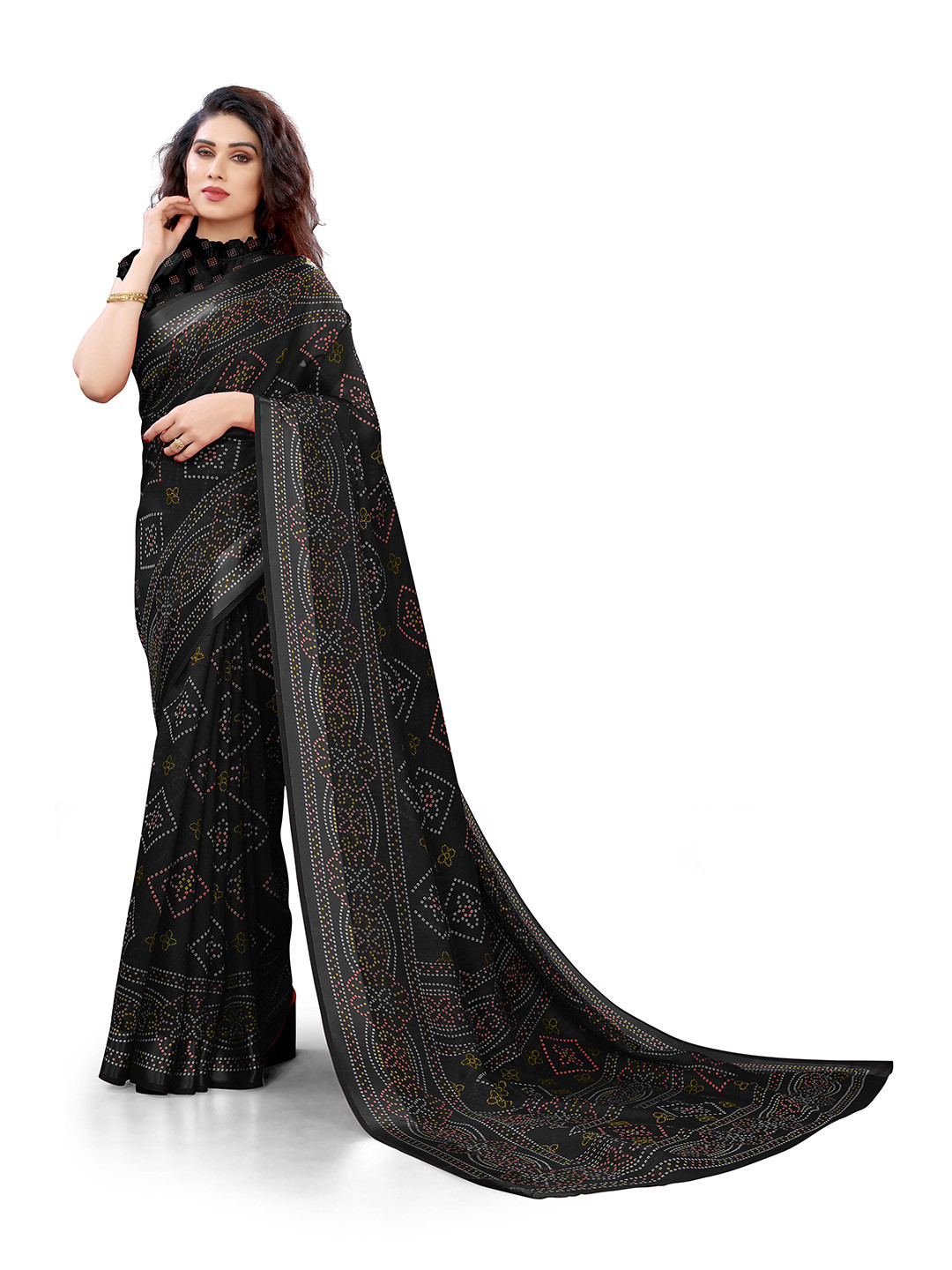 

KALINI Women Black Bandhani Print Cotton Saree