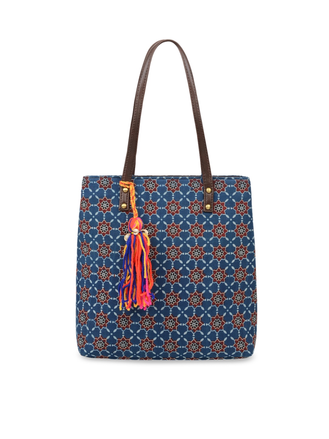 

Vivinkaa Blue Ethnic Faux Leather & Cotton Star Tote Bag With Tassel