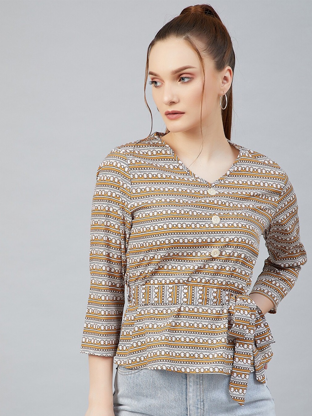 

Carlton London Brown Geometric Printed Cinched Waist Top