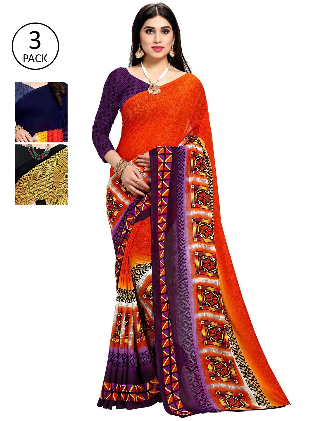 

KALINI Pack of 3 Yellow & Navy Blue Poly Georgette Sarees