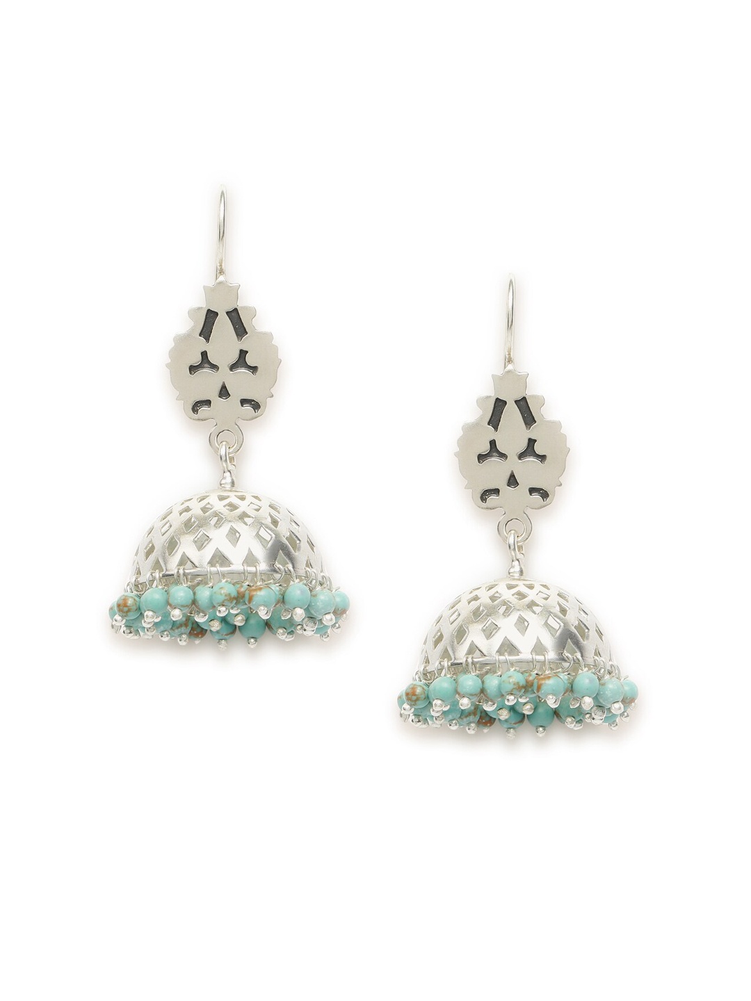 Fabindia Blue & Silver-Toned Oxidised Dome Shaped Jhumkas Earrings