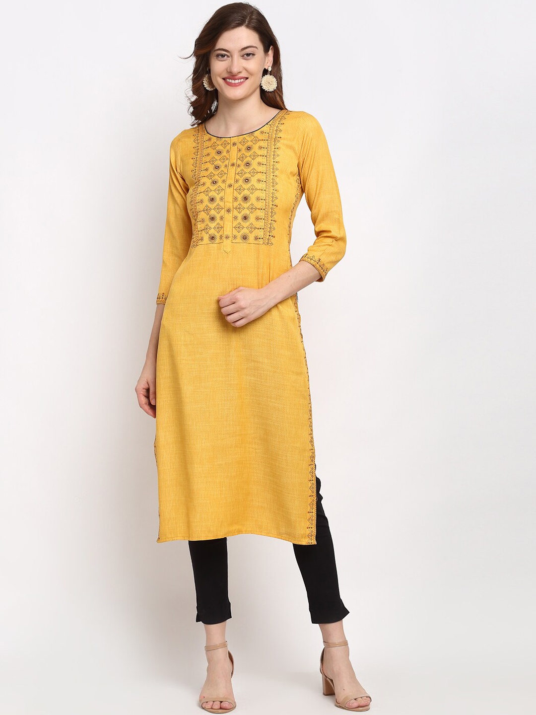 

Lovely Lady Women Mustard Yellow Ethnic Motifs Yoke Design Embroidered Kurta