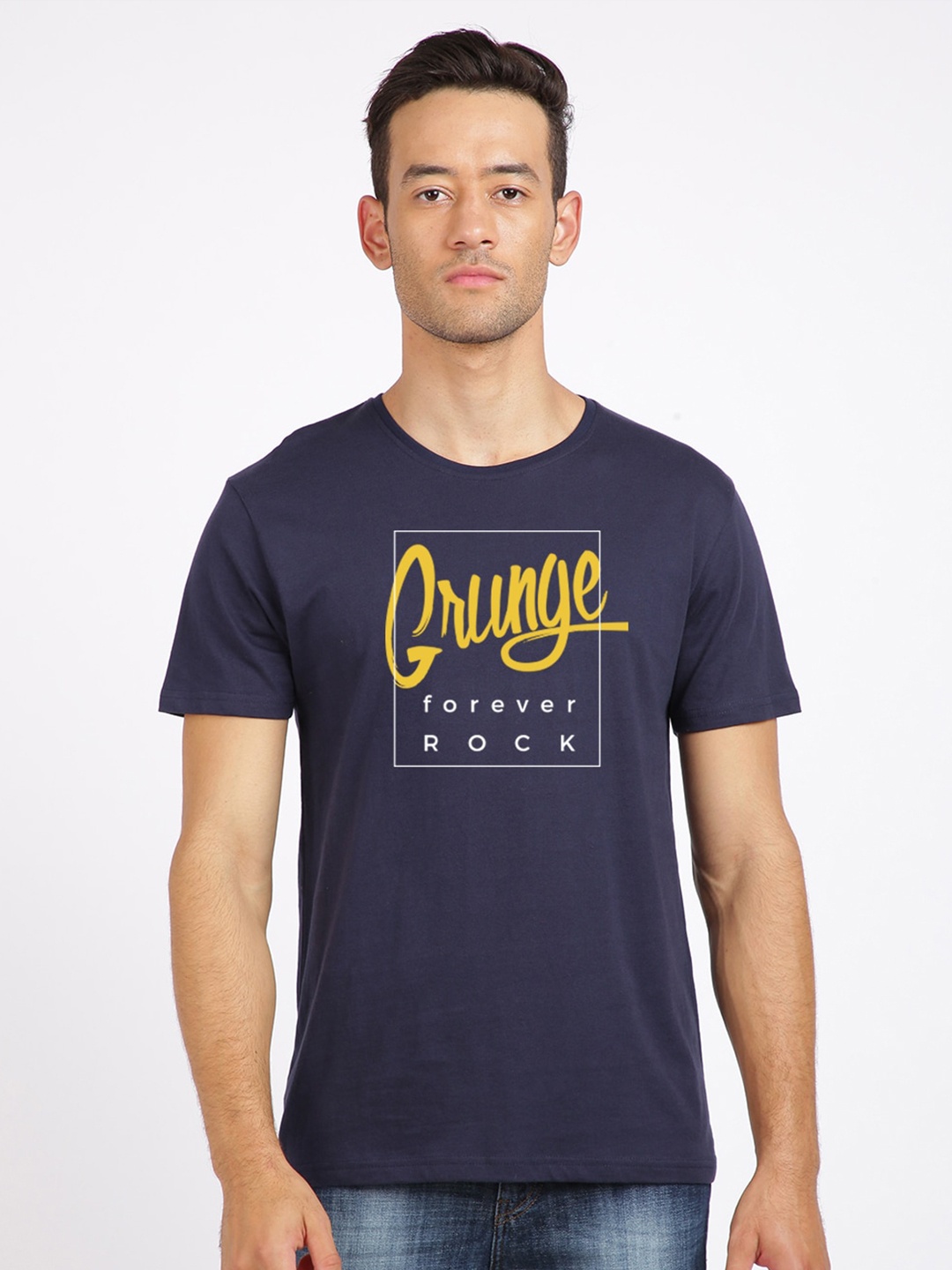 

MASH UNLIMITED Men Navy Blue & Yellow Typography Printed Slim Fit T-shirt