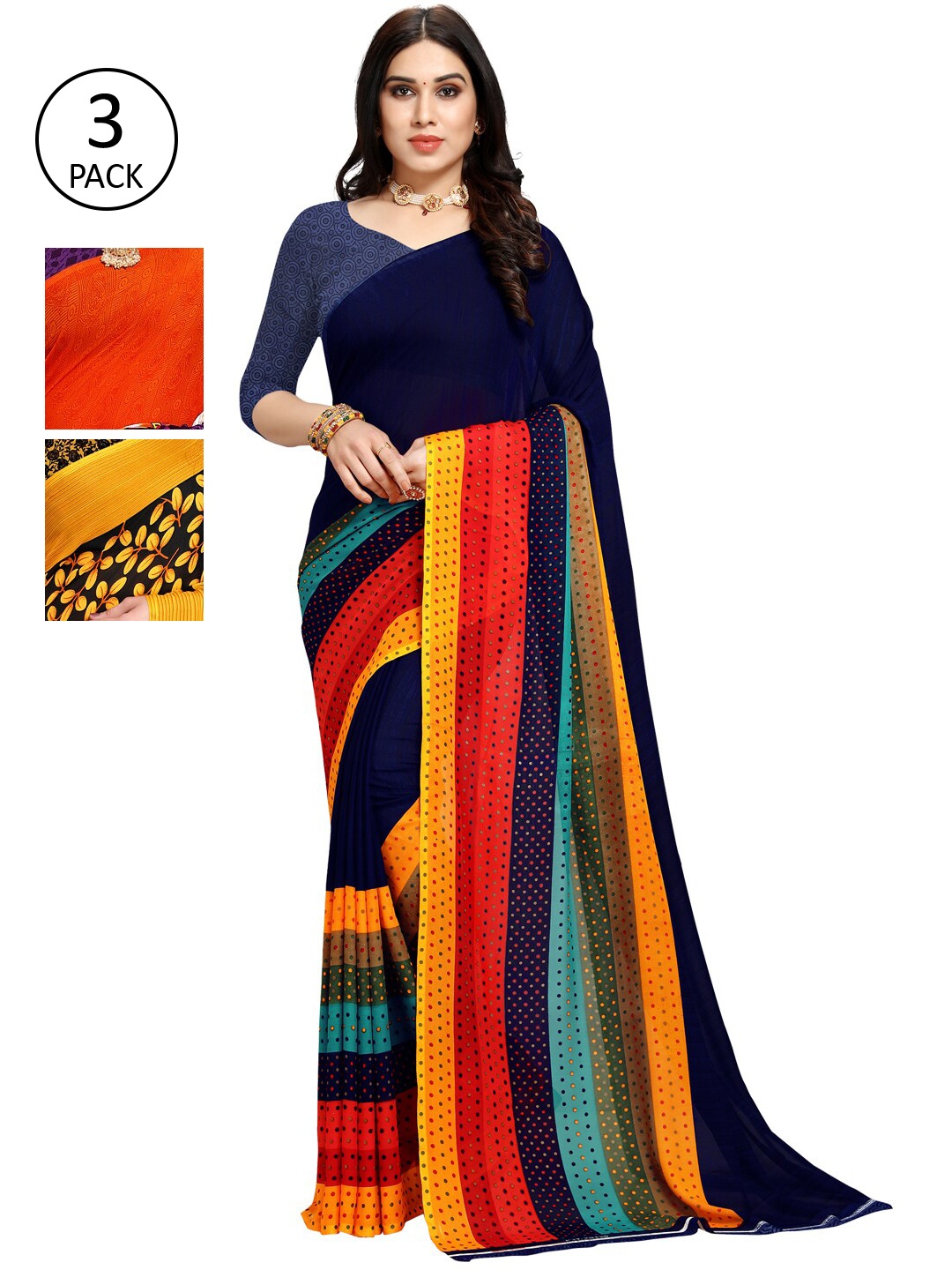 

KALINI Pack of 3 Printed Poly Georgette Sarees, Multi