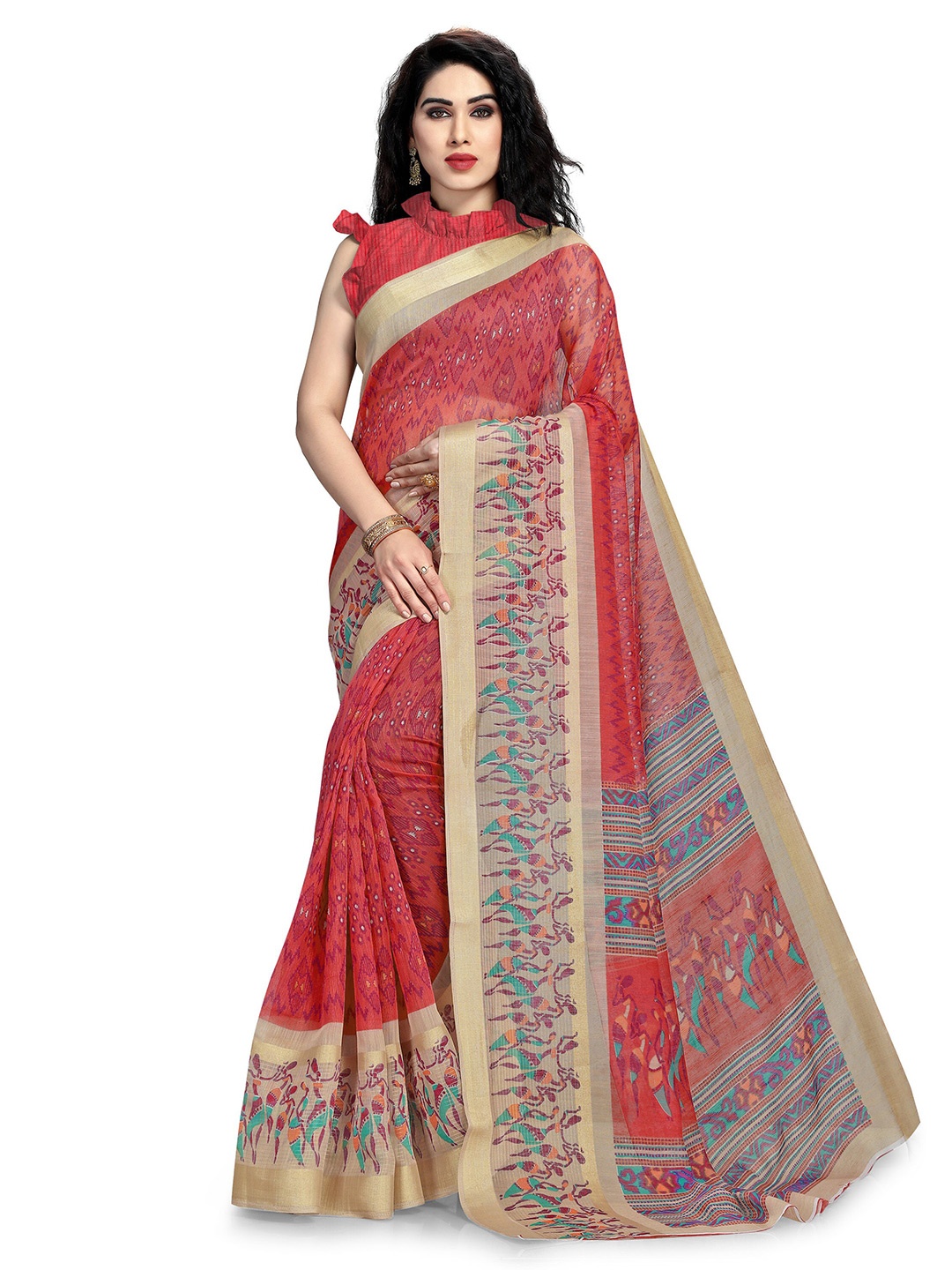 

KALINI Red & Beige Polycotton Abstract Print Ikat Saree