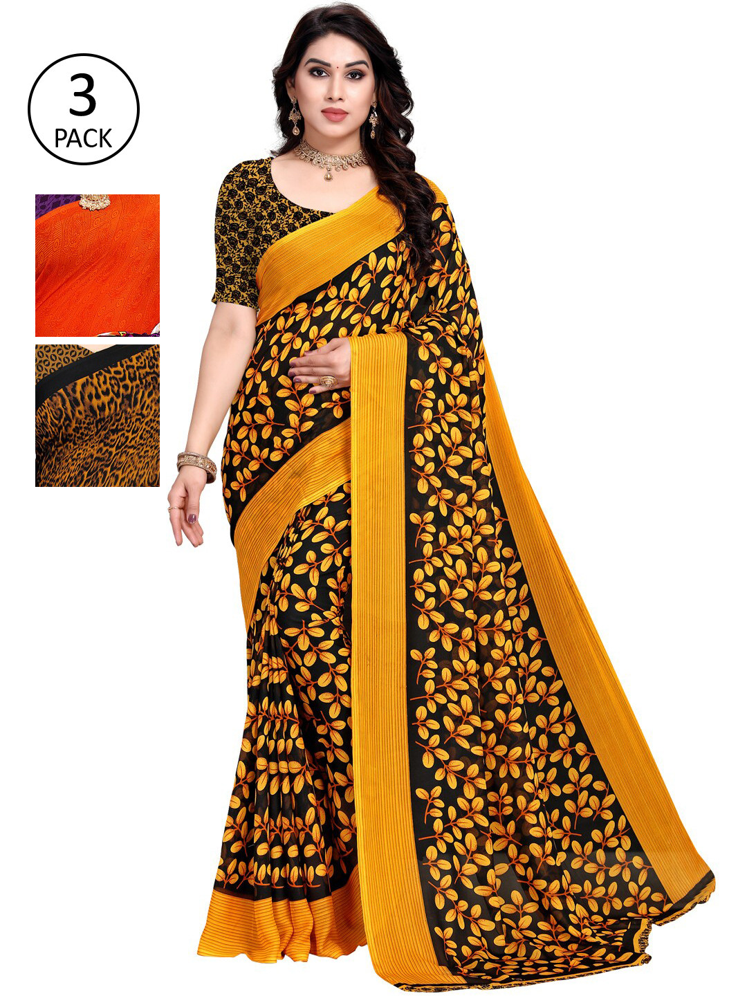 

KALINI Pack of 3 Printed Poly Georgette Sarees, Multi