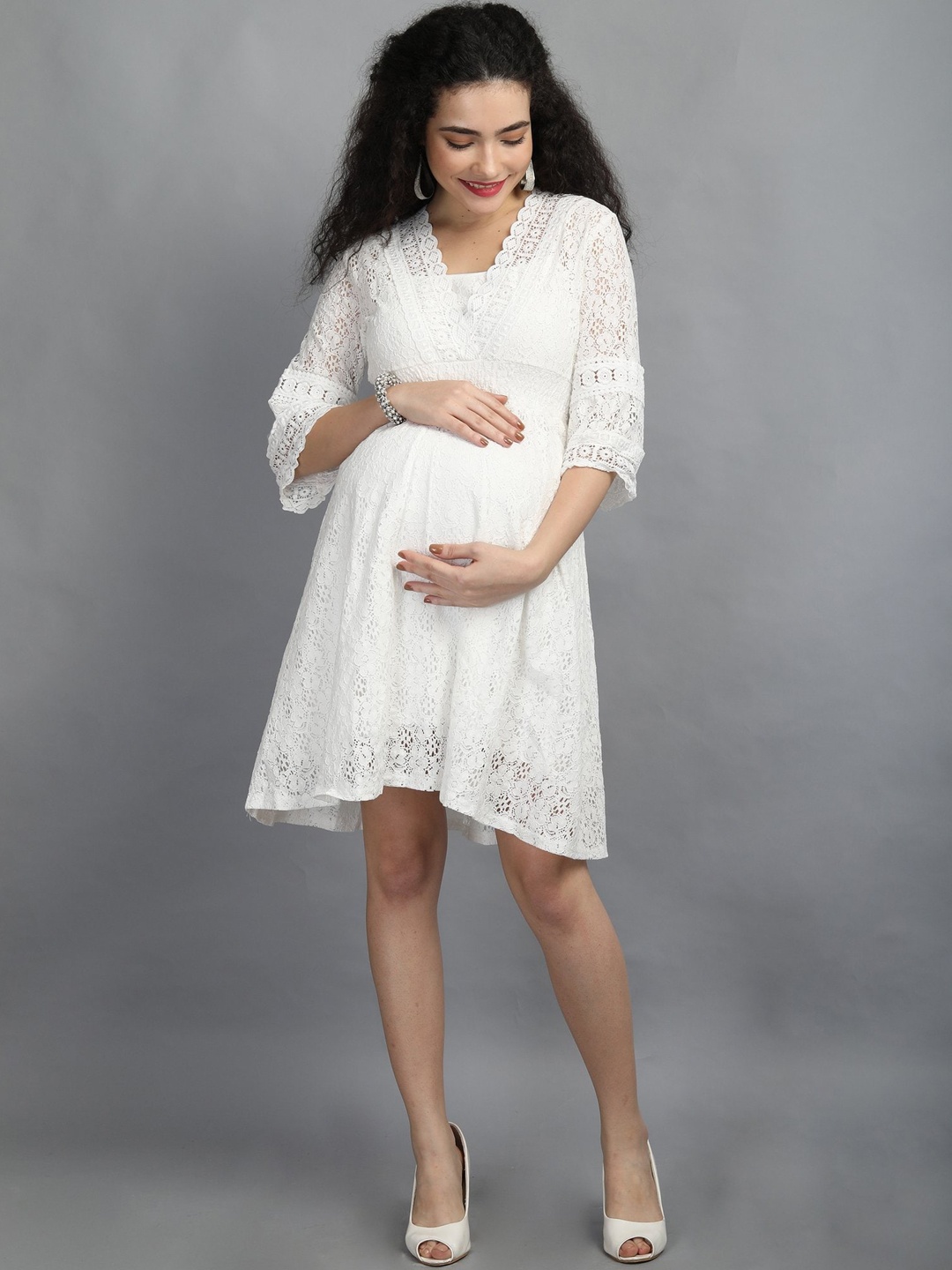 

The Mom Store White Self Design Lace Maternity Dress