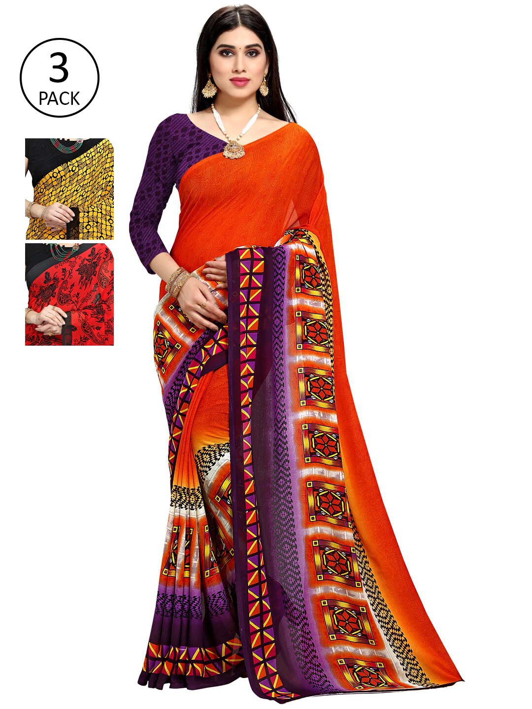 

KALINI Pack of 3 Printed Poly Georgette Sarees, Multi