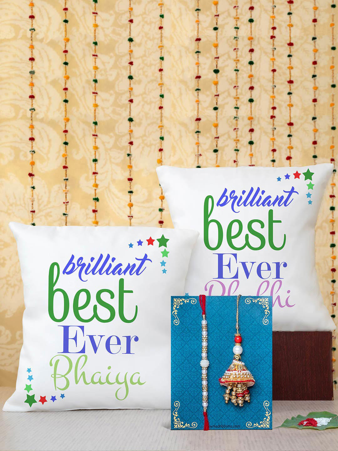 TIED RIBBONS Unisex Red & White Bhaiya Bhabhi Lumba Rakhi with Printed Cushion Gift Set