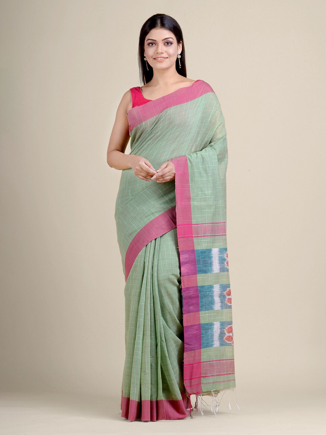 

Charukriti Green & Pink Ethnic Motifs Handloom Cotton Blend Saree