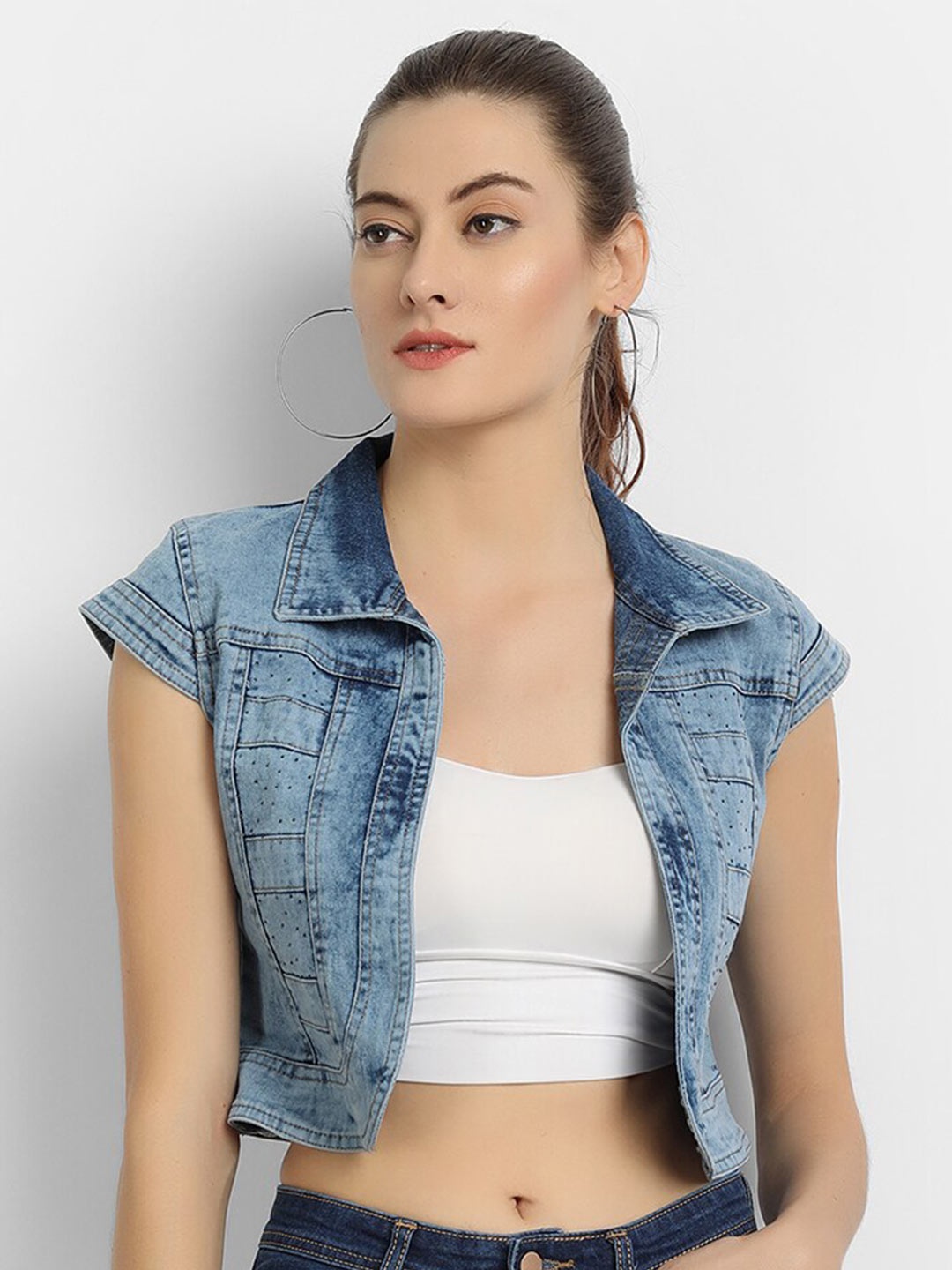 

River Of Design Jeans Women Blue Embellished Crop Shrug