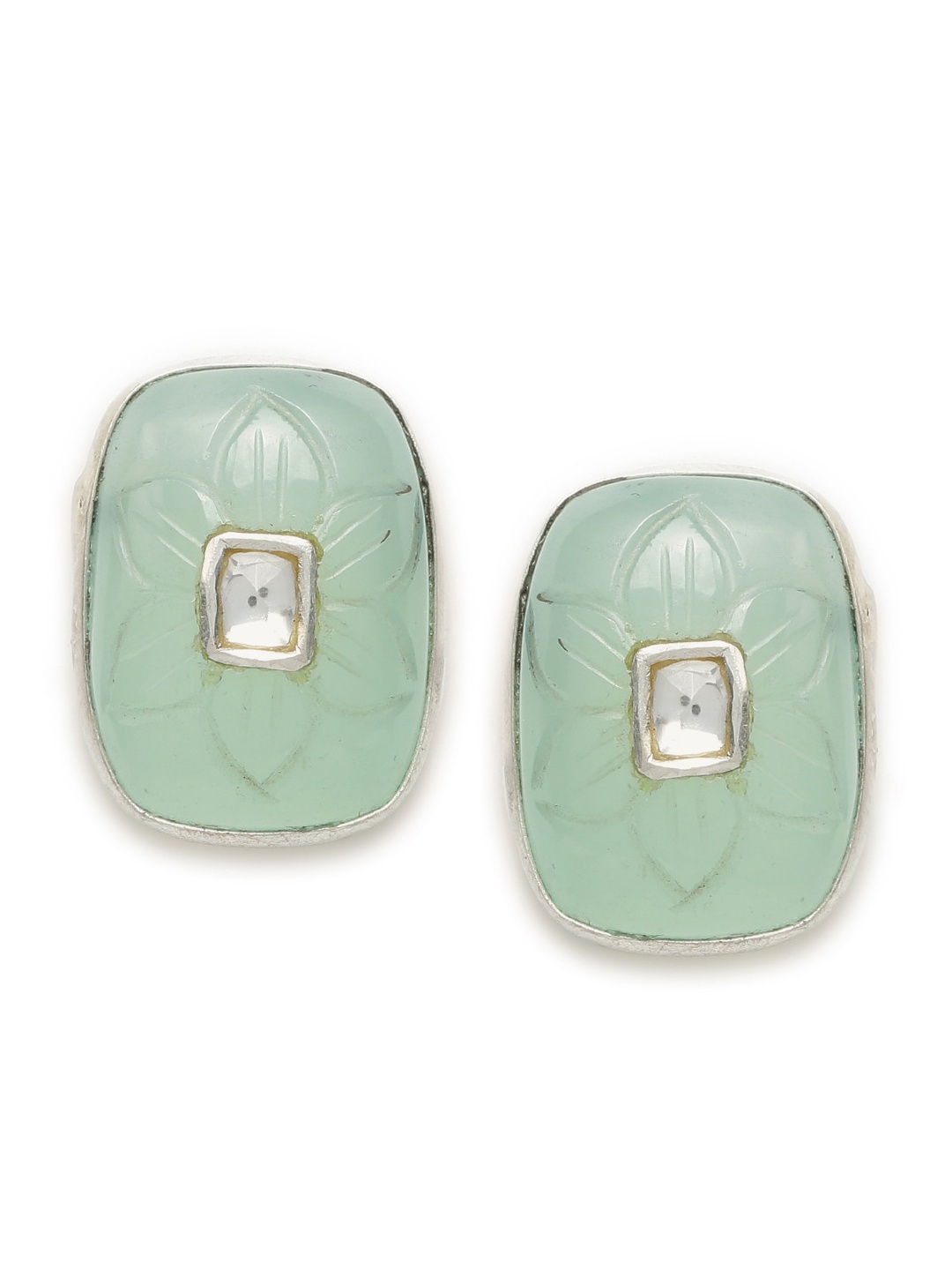 Fabindia Silver-Toned & Green Contemporary Studs Earrings