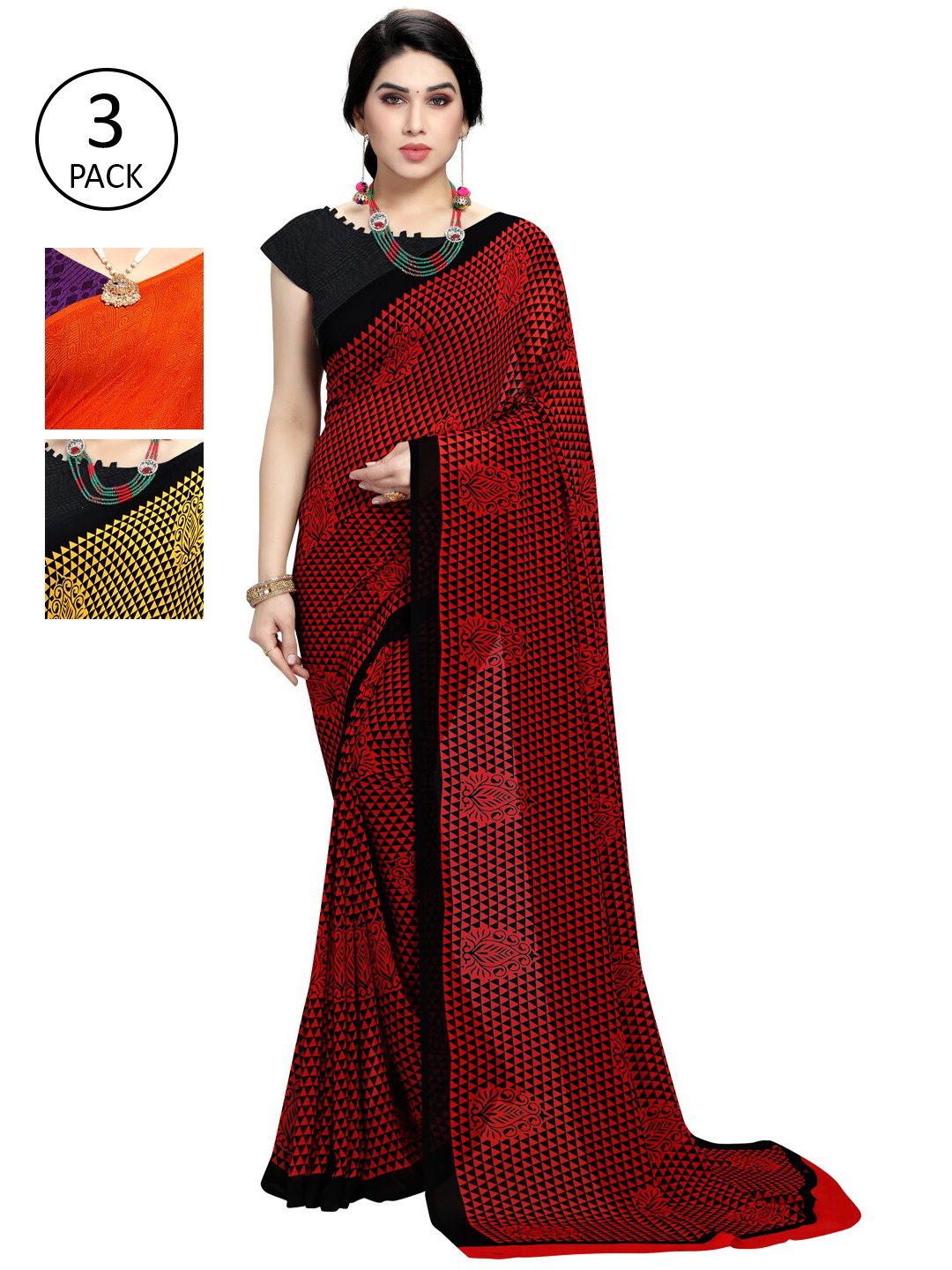 

KALINI Pack of 3 Orange & Yellow Floral Saree