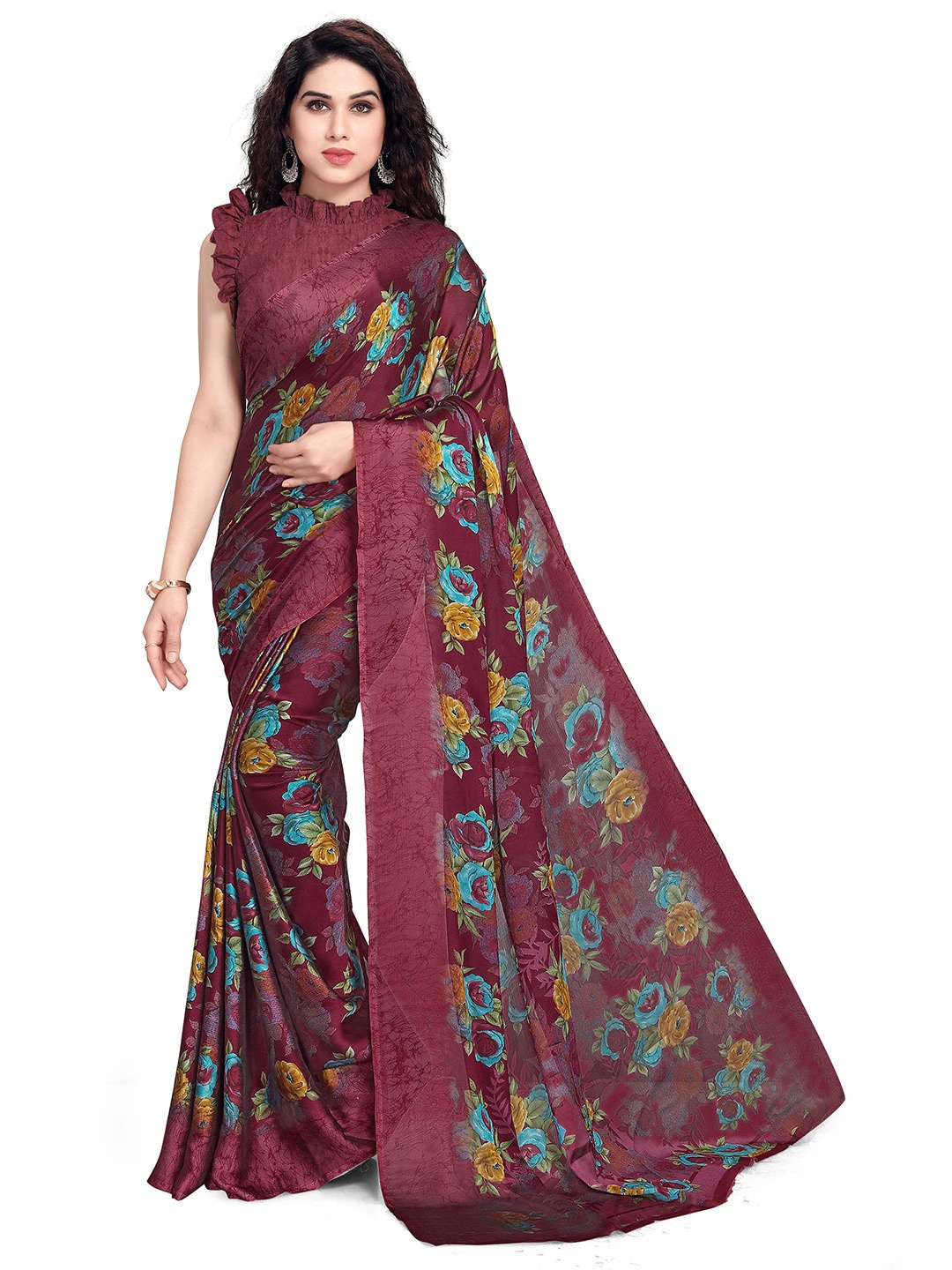 

KALINI Women Chiffon Maroon Floral Printed Saree