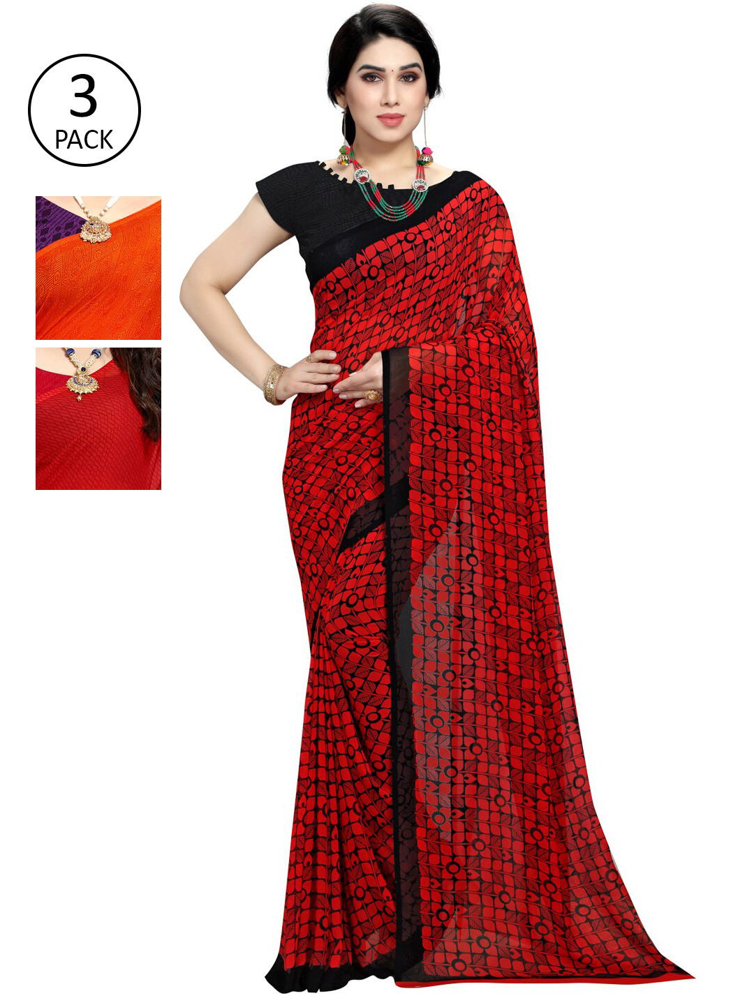 

KALINI Pack of 3 Orange & Red Saree