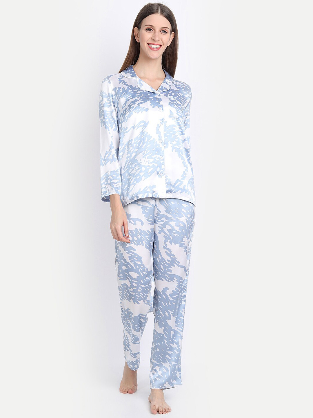 

IX IMPRESSION Women Blue & White Printed Night suit