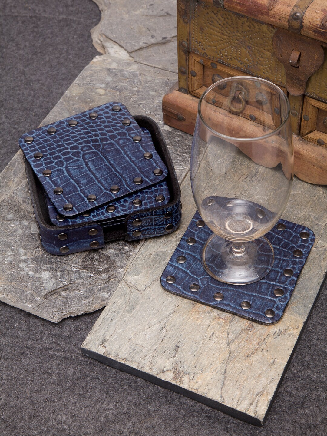 

IMUR Set Of 6 Blue Textured Genuine Leather Coasters