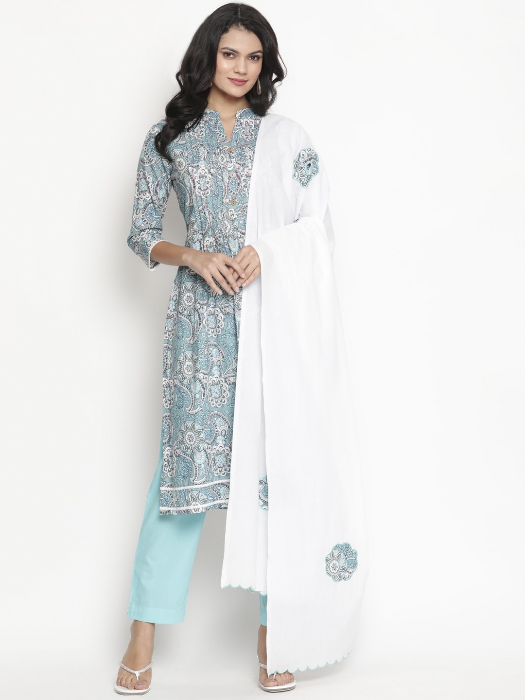 

Be Indi Women Floral Printed Straight Kurta with Trouser & Dupatta Set, Sea green
