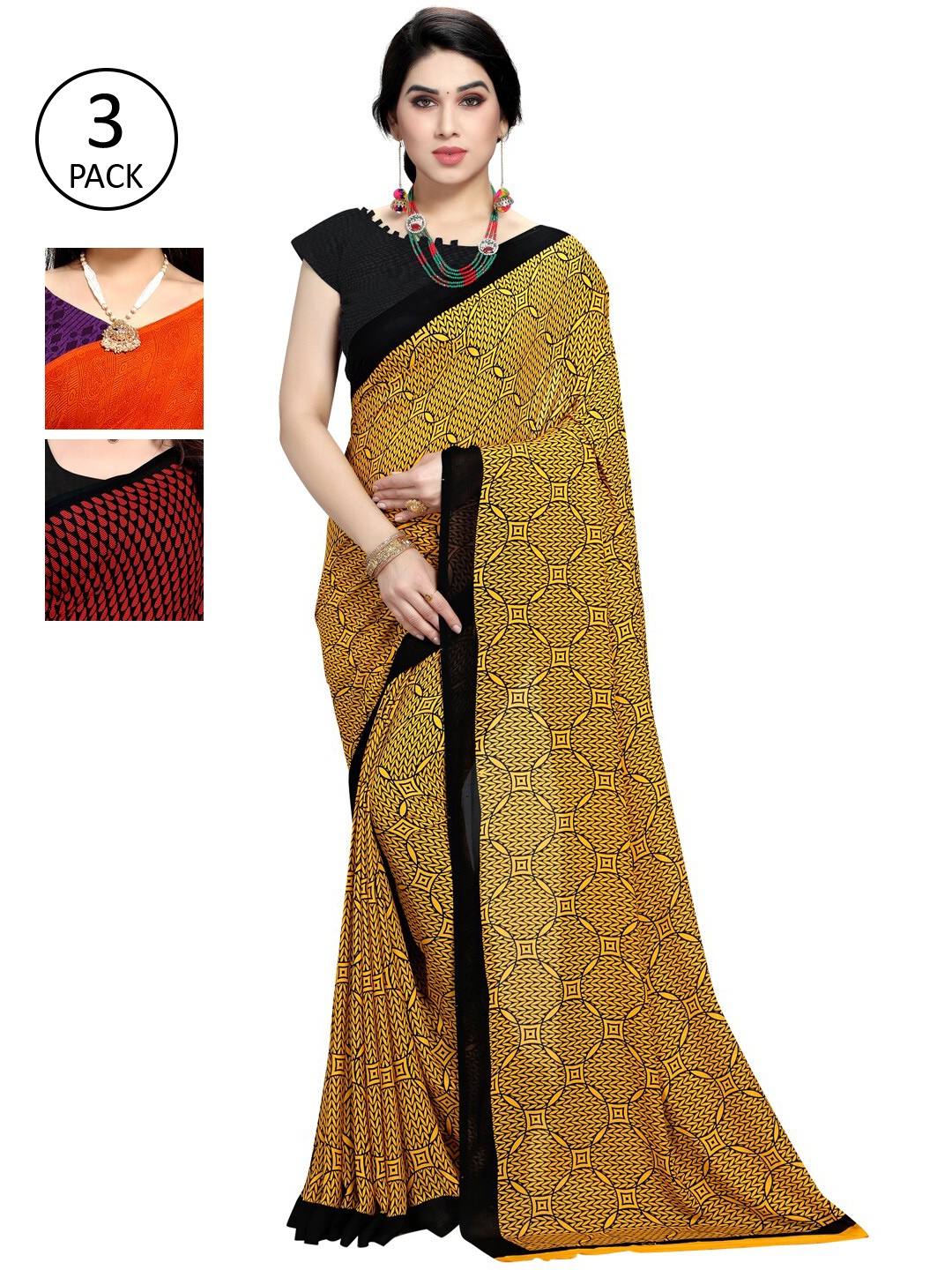 

KALINI Pack of 3 Yellow & Orange Poly Georgette Saree