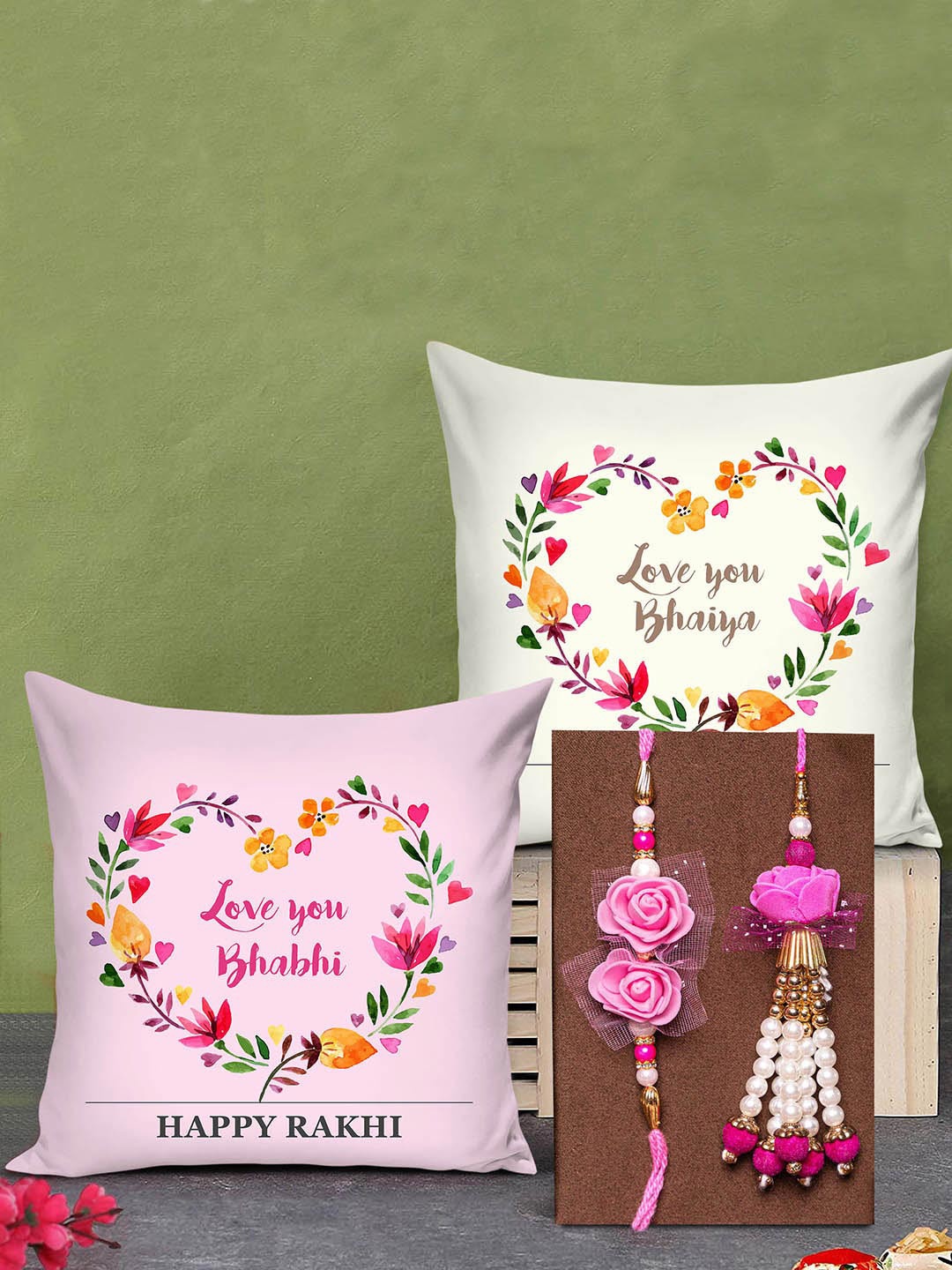

TIED RIBBONS Set Of 3 Bhaiya Bhabhi Rakhi with Printed Cushion Combo Gift Set, Pink