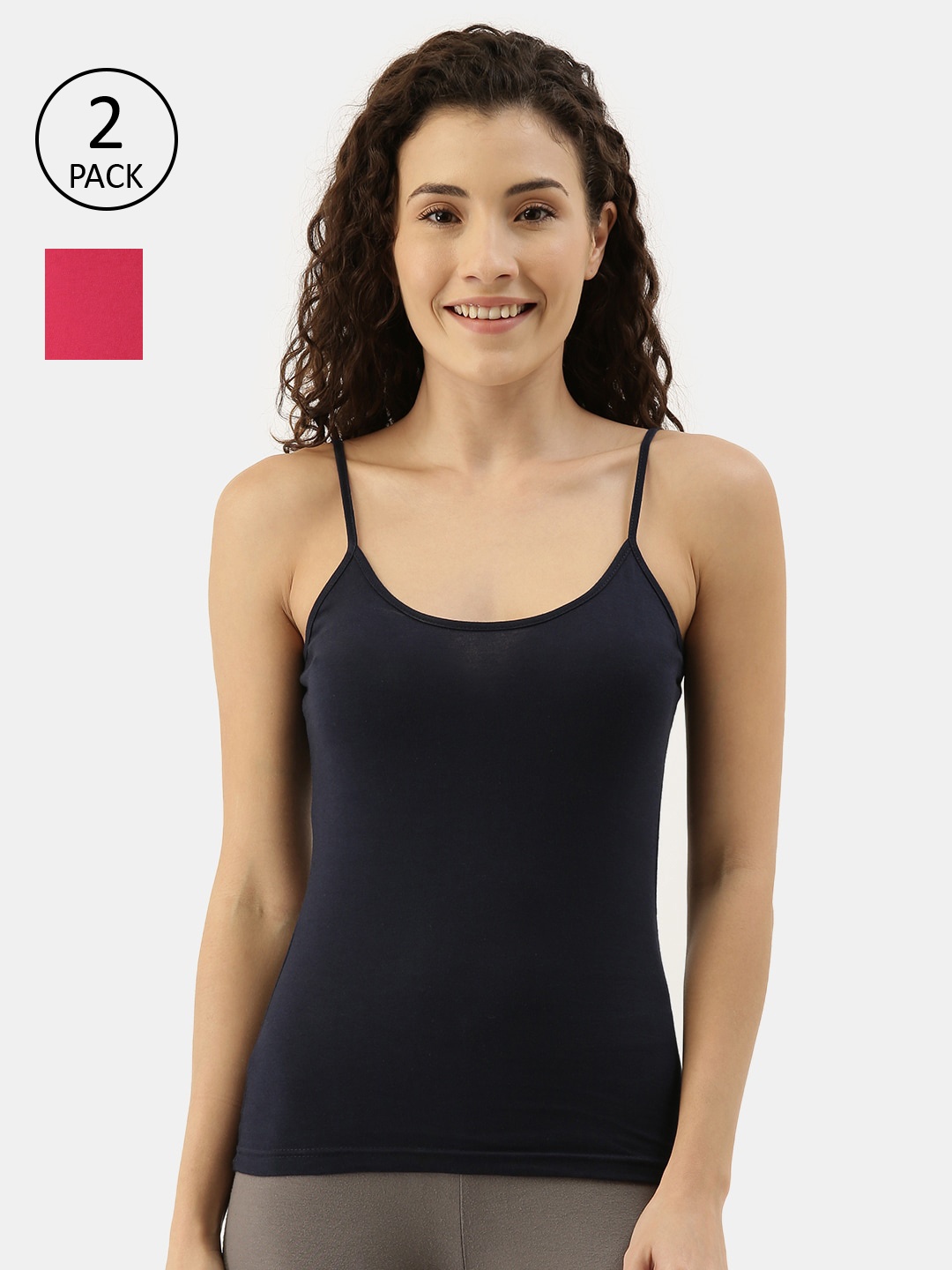 

appulse Women Pack Of 2 Solid Cotton Camisoles, Navy blue