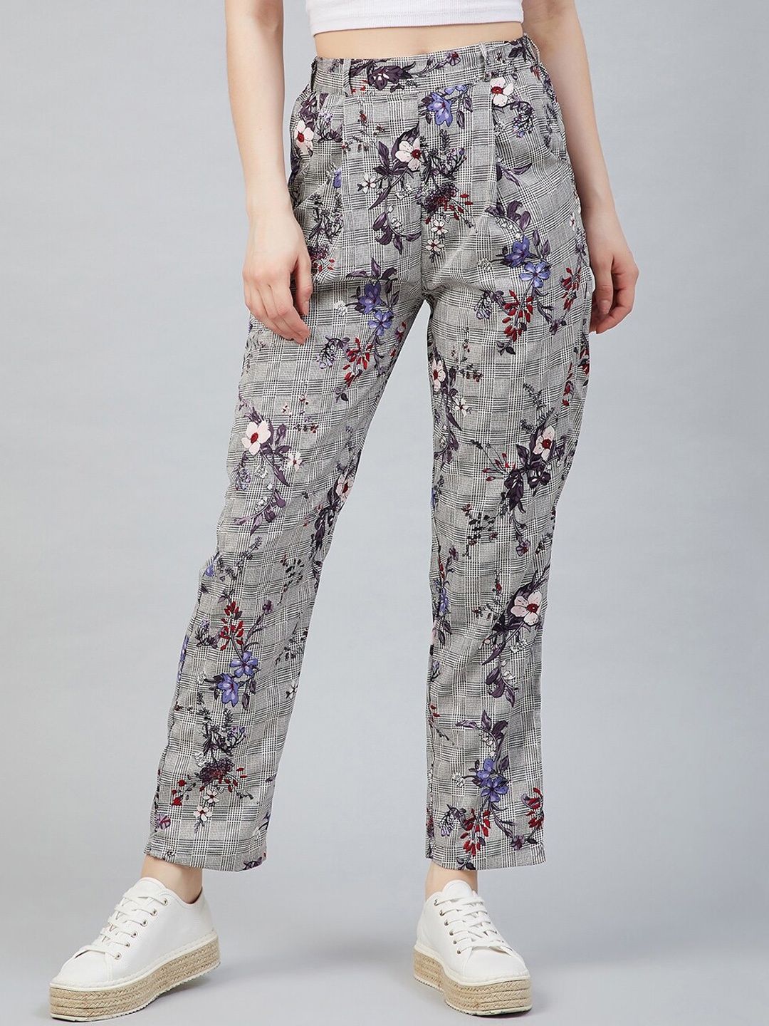 

RARE Women Grey Floral Printed Pleated Trousers