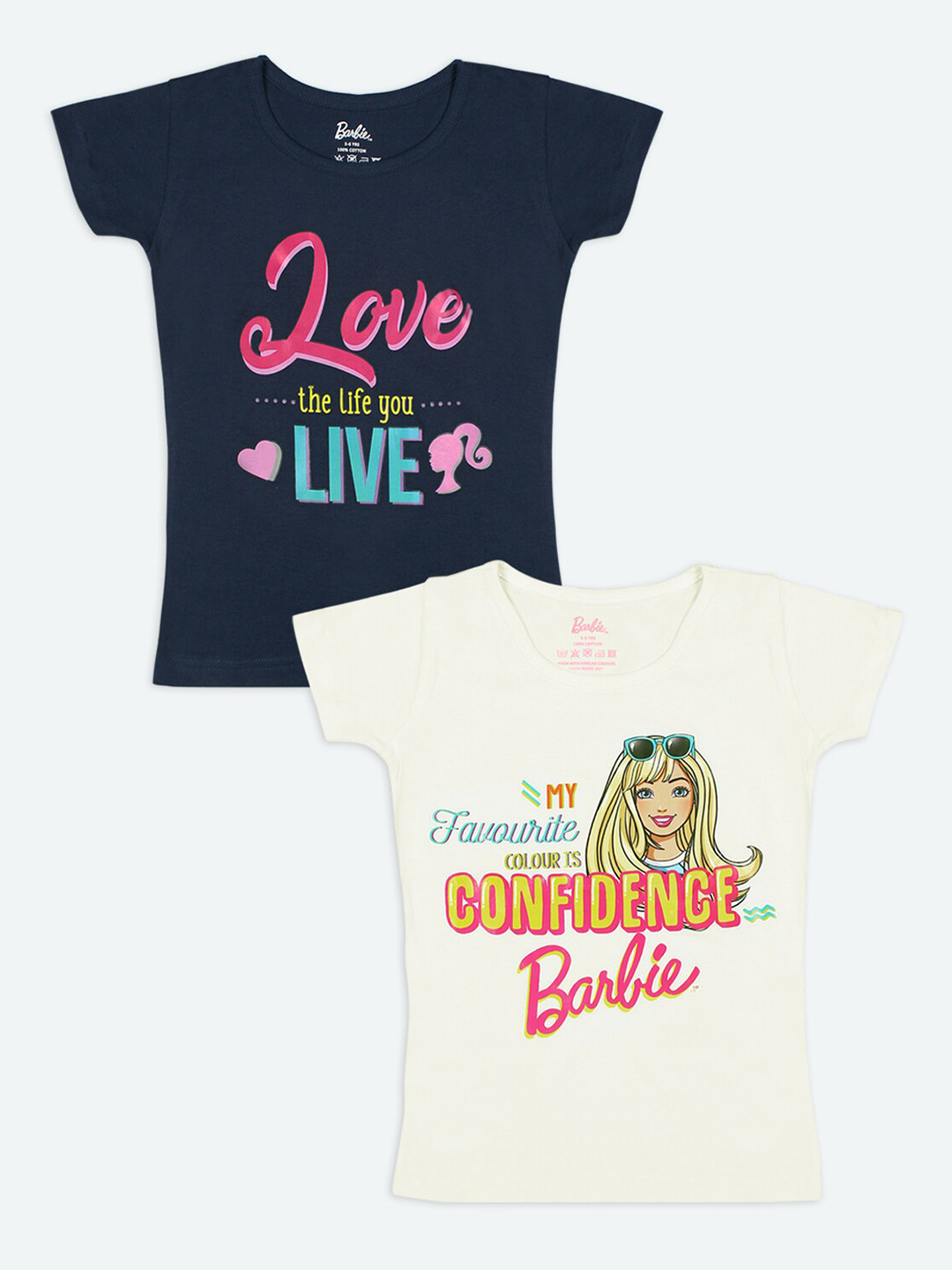 

Barbie Girls Navy Blue Cream-Coloured 2 Barbie Printed Pure Cotton Cotton Pure Cotton T-shirt